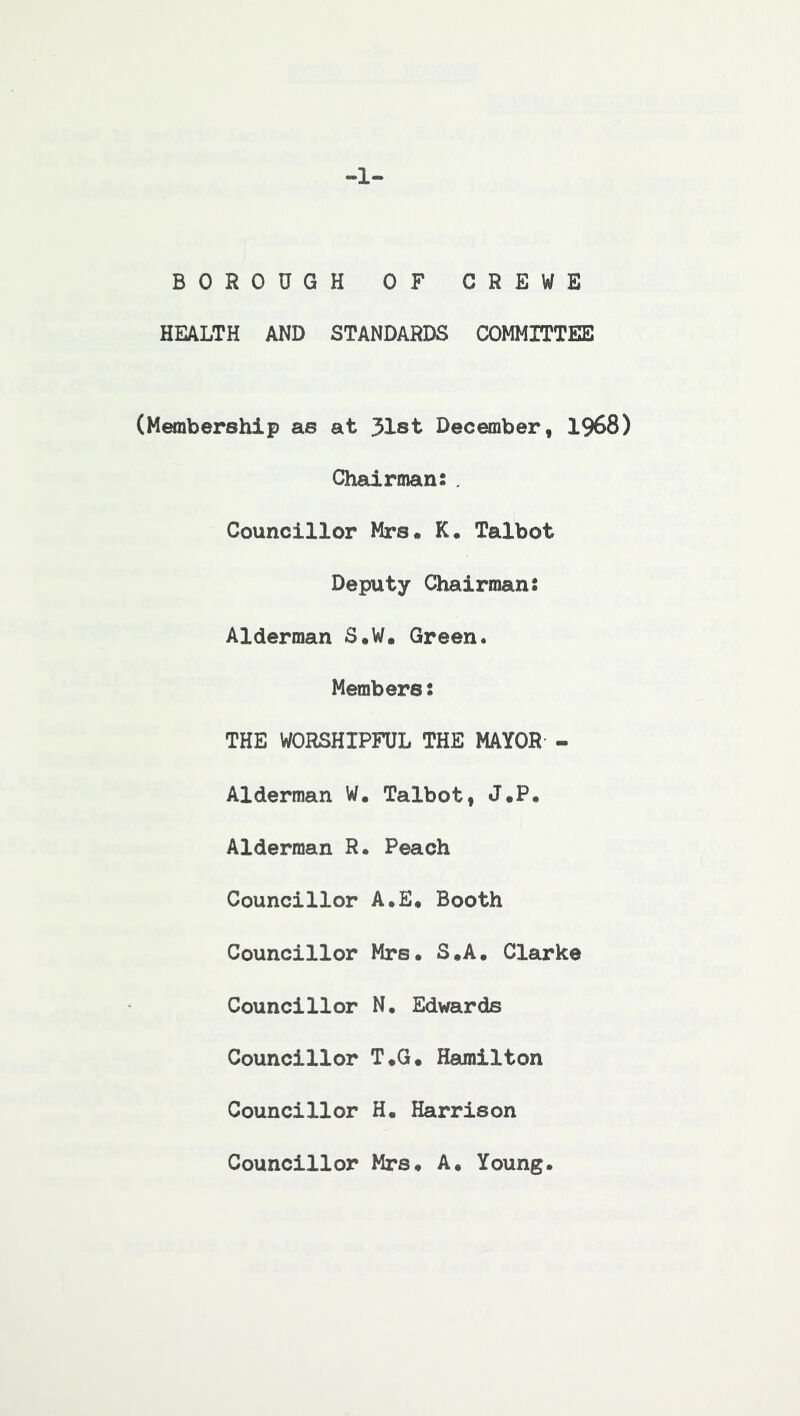 -1- BOROUGH OF CREWE HEALTH AND STANDARDS COMMITTEE (Membership as at 31st December, 1968) Chairman:. Councillor Mrs. K. Talbot Deputy Chairman: Alderman S.W. Green. Members: THE WORSHIPFUL THE MAYOR - Alderman W. Talbot, J.P. Alderman R. Peach Councillor A.E* Booth Councillor Mrs. S.A. Clarke Councillor N. Edwards Councillor T.G. Hamilton Councillor H. Harrison Councillor Mrs. A. Young