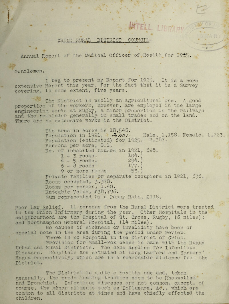 GRICr: RURAI^ DISTIIIGT CQimClL. Annual Report of the Medical Officer of .tiealt\ for 19^51. Crontlemen, I beg to present ray Report for 19^5. It is a nore extensive Rerort this year, for the fact that it is a Survey covering, to some extent, five years. The District is wholly an agricultural one. A good proportion of the workers, hovrever, s^re employed in the large engineering works a,t Rugby, a minor proportion on the railways and the remainder generally in small trades and on the land. There are no extensive v.-orks in the District. The area in acres is 18,5‘^o. Population in 1921, Population (estimated) for 1925? Persons per acre, 0.1. No. of inhabited houses in 19'21, 1-3 rooms. 104.) 4-5 rooms. 294.) Hale, 1,158. 2,387. 6h8. Female, 1 6 - 8 rooms 177.) 9 or more rooms 55.) Private families or separate occupiers in 1921, 636. Rooms occupied, 3?773. Rooms per person, 1.4o. Rateable Value, £38,796. Sum represented bj^ a penny Rate, £118. Poor Lavj_I^elief. 11 persons from the Rural District v/ere treate in the Union Infirmary during the year. Cther Hospitals in the neighbourhood, are the Hospital of St. Cross, Rugby, (6 miles); and Northampton G-eneral Hospital, (14 miles) . No causes of sickness or invalidity have been of special note in the area during the period under reviev;. There is no Hospital in the District of Crick. Provision for 3mall-Pcx cases is memie with the Rugby Urba.n a.nd Ri,ira,l Districts. The sa.me applies for Infectious Disee.ses. Hospitals are situa.ted a.t Long Laniford and Harboro ’ • Magna respectively, which are in a reasonable distance from the District. The District is quite a head.thy one and, ta,ken generad-l;/, the pred.omina.ting troubles seem to be Rheumatism'' amid Bronchial. Infectious diseases e.re not comaon, except, of course, the minor ailments such as Influenza., &c., which are common to all districts at times and have chiefly affected the