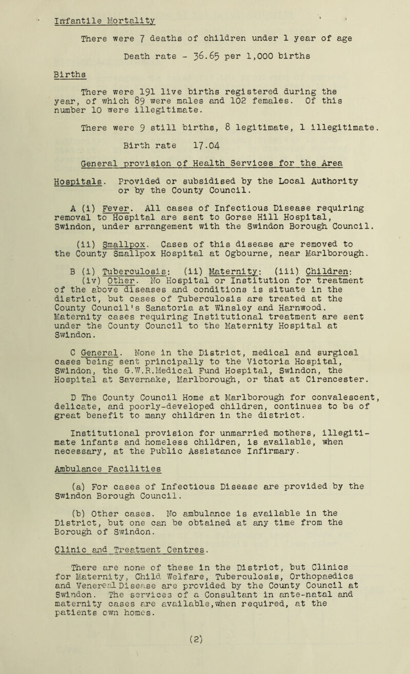Infantile Mortality There were 7 heaths of children under 1 year of age Death rate - 36.65 per 1,000 births Births There were 191 live births registered during the year, of which 89 were males and 102 females. Of this number 10 were illegitimate. There were 9 still births, 8 legitimate, 1 illegitimate Birth rate 17-04 General provision of Health Services for the Area Hospitals. Provided or subsidised by the Local Authority or by the County Council. A (i) Fever. All cases of Infectious Disease requiring removal to Hospital are sent to Gorse Hill Hospital, Swindon, under arrangement with the Swindon Borough Council. (ii) Smallpox. Cases of this disease are removed to the County Smallpox Hospital at Ogbourne, near Marlborough. B (i) Tuberculosis: (ii) Maternity: (iii) Children: (iv) Other. No Hospital or Institution for treatment of the above diseases and conditions is situate in the district, but cases of Tuberculosis are treated at the County Council's Sanatoria at Winsley and Harnwood. Maternity cases requiring Institutional treatment are sent under the County Council to the Maternity Hospital at Swindon. C General. None in the District, medical and surgical cases being sent principally to the Victoria Hospital, Swindon, the G.W.R.Medical Fund Hospital, Swindon, the Hospital at Savemake, Marlborough, or that at Cirencester. D The County Council Home at Marlborough for convalescent delicate, and poorly-developed children, continues to be of great benefit to many children in the district. Institutional provision for unmarried mothers, illegiti- mate infants and homeless children, is available, when necessary, at the Public Assistance Infirmary. Ambulance Facilities (a) For cases of Infectious Disease are provided by the Swindon Borough Council. (b) Other cases. No ambulance is available in the District, but one can be obtained at any time from the Borough of Swindon. Clinic and Treatment Centres. There are none of these in the District, but Clinics for Maternity, Child Welfare, Tuberculosis, Orthopaedics and Venereal Disease are provided by the County Council at Swindon. The services of a Consultant in ante-natal and maternity cases are available,when required, at the patients own homes.