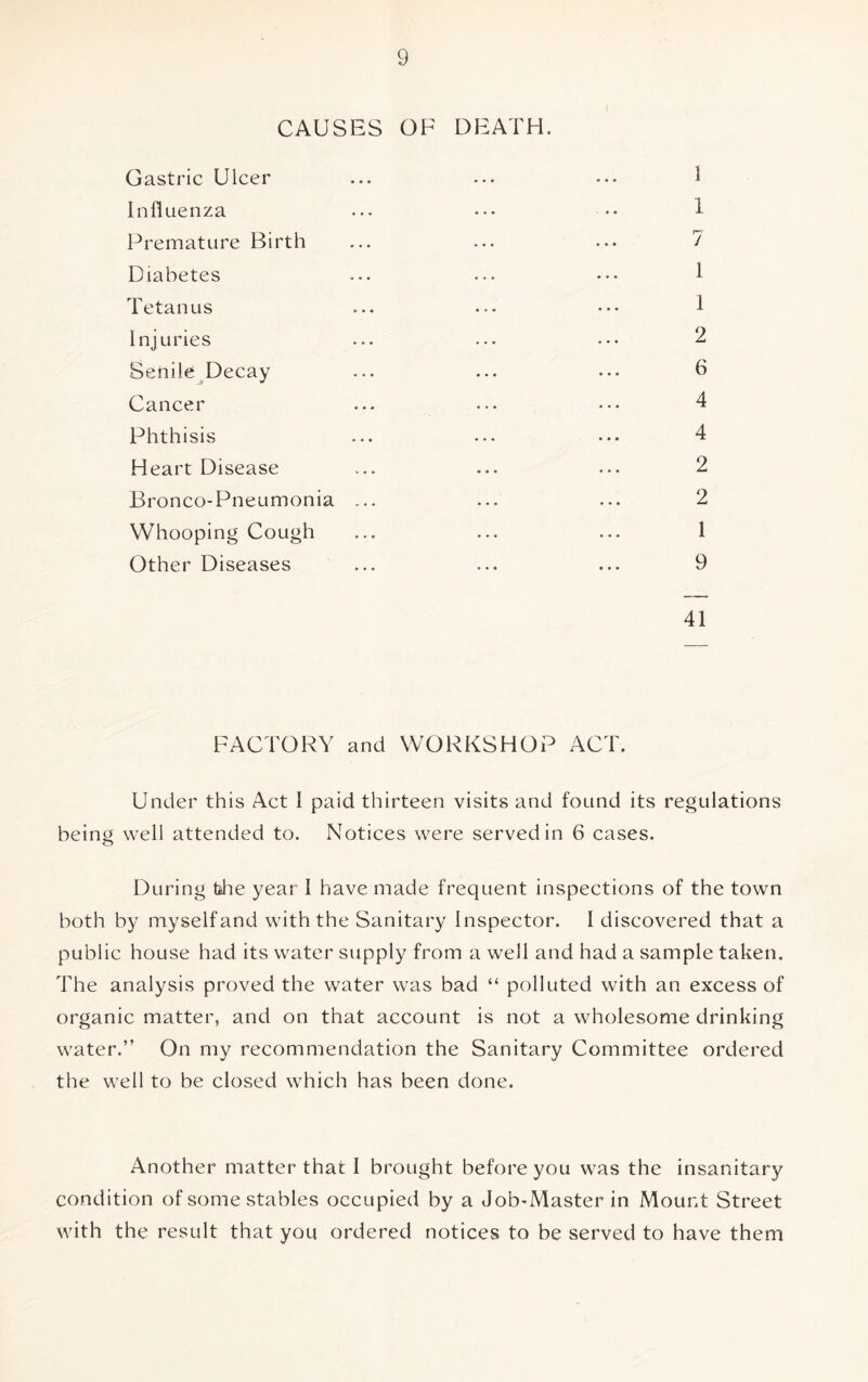 CAUSES OF DEATH. Gastric Ulcer Influenza Premature Birth Diabetes Tetanus Injuries Senile Decay Cancer Phthisis Heart Disease Bronco-Pneumonia Whooping Cough Other Diseases 1 1 7 1 1 2 6 4 4 2 2 1 9 41 FACTORY and WORKSHOP ACT. Under this Act 1 paid thirteen visits and found its regulations being well attended to. Notices were served in 6 cases. During the year I have made frequent inspections of the town both by myself and with the Sanitary Inspector. I discovered that a public house had its water supply from a well and had a sample taken. The analysis proved the water was bad “ polluted with an excess of organic matter, and on that account is not a wholesome drinking water.” On my recommendation the Sanitary Committee ordered the well to be closed which has been done. Another matter that I brought before you was the insanitary condition of some stables occupied by a Job-Master in Mount Street with the result that you ordered notices to be served to have them