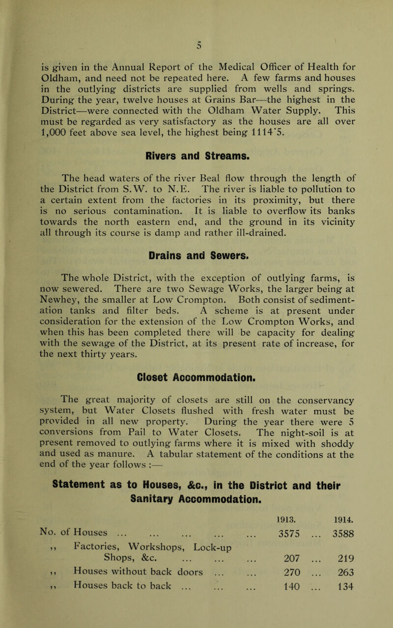 Oldham, and need not be repeated here. A few farms and houses in the outlying districts are supplied from wells and springs. During the j^ear, twelve houses at Grains Bar—the highest in the District—were connected with the Oldham Water Supply. This must be regarded as very satisfactory as the houses are all over 1,000 feet above sea level, the highest being 1114’5. Rivers and Streams. The head waters of the river Beal flow through the length of the District from S.W. to N.E. The river is liable to pollution to a certain extent from the factories in its proximity, but there is no serious contamination. It is liable to overflow its banks towards the north eastern end, and the ground in its vicinity all through its course is damp and rather ill-drained. Drains and Sewers. The whole District, with the exception of outlying farms, is now sewered. There are two Sewage Works, the larger being at Newhey, the smaller at Low Crompton. Both consist of sediment- ation tanks and filter beds. A scheme is at present under consideration for the extension of the Low Crompton Works, and when this has been completed there will be capacity for dealing with the sewage of the District, at its present rate of increase, for the next thirty years. Closet Accommodation. The great majority of closets are still on the conservancy system, but Water Closets flushed with fresh water must be provided in all new property. During the year there were 5 conversions from Pail to Water Closets. The night-soil is at present removed to outlying farms where it is mixed with shoddy and used as manure. A tabular statement of the conditions at the end of the year follows :— Statement as to Houses, &g., in the District and their Sanitary Accommodation. 1913. 1914. No. of Houses ... 3575 .. . 3588 ,, Factories, Workshops, Lock-up Shops, &c. 207 .. . 219 ,, Houses without back doors ... 270 . 263 ,, Houses back to back ... 140 .. . 134