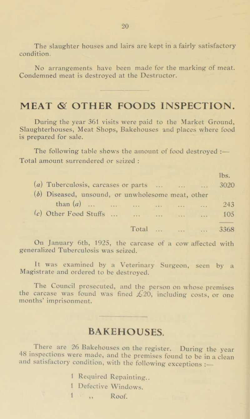 The slaughter houses and lairs are kept in a fairly satisfactory condition. No arrangements have been made for the marking of meat. Condemned meat is destroyed at the Destructor. MEAT <&: OTHER FOODS INSPECTION. During the year 361 visits were paid to the Market Ground, Slaughterhouses, Meat Shops, Bakehouses und places where food is prepared for sale. The following table shows the amount of food destroyed :— Total amount surrendered or seized : lbs. (a) Tuberculosis, carcases or parts ... ... ... 3020 (3) Diseased, unsound, or unwholesome meat, other than (a) 243 (c) Other Food Stuffs ... ... ... ... ... lOvS Total 3368 On January 6th, 1925, the carcase of a cow affected with generalized Tuberculosis was seized. It was examined by a V'eterinary Surgeon, seen by a Magistrate and ordered to be destroyed. The Council prosecuted, and the person on whose premises the carcase was found was fined ;620, including costs, or one months’ imprisonment. BAKEHOUSES. There are 26 Bakehouses on the register. During the year 48 inspecHons were made, and the premises found to he in a clean «ind s«itislactory condition, with the following exceptions 1 Required Repainting.. 1 Detective Windows. 1 )i Roof.