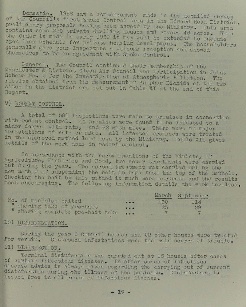 of ^ Donest^ 1958 savi a comuoncoment made in the detailed survov ^he ^ Council s first Smoke Control Area in the Edv/ard Road District proliminarjr proposals having been agreed by the Ministry, This area ^ contains some 250 private dwelling houses and covers 46 acres, V/lion the Order is made in early 1959 it may v;ell be extended to include open land scixedulo for private housing development. The householders genera-^ly gave your Inspectors a welcome reception and showed themselves to be in agreement with Smoke Control, General continued their membership of the k District Clean Air Council and participation in Joint 2^for the Investigation of Atmospheric Pollution. The l*» n ^ ^ ^ J. -.-.1. r-k 1 . - Manche s te r Scheme No. results obtained from the measuroi'.X!nt of Sulphur Dioxide attho two sites in the district are set out in Table XI at the end of this Report, 9) RODENT CONTROL, ^ total of 581 inspections were made to premises in connection with rodent control, 44 premises were found to be infested to a minor degree with rats, and 22 with mice. There wore no major infestations of rats or mice. All infested premises were treated in the approved method laid down by the Ministry, Table XII gives details of the work done in rodent control. In accordance with the recormnendations of the Ministry of Agriculture, Fisheries and Food, tv;o sev/er treatments v/ere carried out during tne year. The second treatment v/as carried out by the now method of suspending the bait in bags from the top of the manliole. Chocking the bait by this method is much more accurate and the results most encouraging. The fcllov/ing information details the work involved. No, of manholes baited ,,,  shov/ing to.ke of pro-bait ...  shov/ing complete pro-bait take ... 10) DIS Il'IFESTAT I ON. March September 100 114 23 29 7 7 During the year 6 Council houses and 22 other houses were treated for vermin. Cockroach infestations v/ere the main source of trouble, 11) DISINFECTION. Terminal disinfection was carried out at 15 houses after cases of certain infectious diseases. In other cases of infectious disease advice is always given rcgar>ding the carrying out of- current disinfection during -the illness of the patients, DisinToctant is issued free in all cases of infections disease.