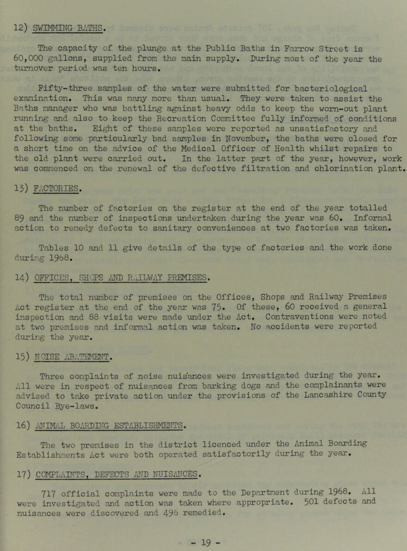 12) SWIMMING BATHS. The capacity of the plunge at the Public Baths in Farrow Street is 60,000 gallons, supplied from the main supply. During most of the year the turnover period was ten hours. Fifty-three samples of the water were submitted for bacteriological examination. This was many more than usual. They were taken to assist the Baths manager who was battling against heavy odds to keep the worn-out plant running and also to keep the Recreation Committee fully informed of conditions at the baths. Eight of these samples were reported as unsatisfactory and following some particularly bad samples in November, the baths were closed for a short time on the advice of the Medical Officer of Health whilst repairs to the old plant were carried out. In the latter part of the year, however, work was commenced on the renewal of the defective filtration and chlorination plant. 15) FACTORIES. The number of factories on the register at the end of the year totalled 89 and the number of inspections undertak:en during the year was 60. Informal action to remedy defects to sanitary conveniences at two factories was taken. Tables 10 and 11 give details of the type of factories and the work done during 1968. 14) OFFICES, SHOPS iiND R.ULVAY PREMISES. The total number of premises on the Offices, Shops and Railway Premises Act register at the end of the year was 75* Of these, 60 received a general inspection and 88 visits were made under the Act. Contraventions were noted at two premises and informal action was taken. No accidents were reported during the year. 15) NOISE /ai.TET'-IENT. Three complaints of noise nuis'ances were investigated during the year. All were in respect of nuisances from barking dogs and the complainants were advised to take private action under the provisions of the Lancashire County Council Bye-laws. 16) MIMf-jL BO/JIDPTG EST/iBLISHMEITTS. The two premises in the district licenced under the Animal Boarding EstablishiTients Act were both operated satisfactorily during the year. 17) COMPLAINTS, DEFECTS /AID iTUISAITCES. 717 official complaints were made to the Department during I968. All were investigated and action was taken where appropriate. 501 defects and nuisances were discovered and 496 remedied.