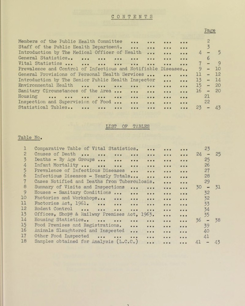 CONTENTS Members of the Public Health Committee ••, Staff of the Public Health Department. ... Introduction by The Medical Officer of Health General Statistics., ... Vital Statistics ... ... Prevalence and Control of Infectious and Notifiable Diseases General Provisions of Personal Health Services ,,, Introduction by The Senior Public Health Inspector Environmental Health Sanitary Circumstances of the Area Housing ..« ... ... ... Inspection and Supervision of Food Statistical Tables.. ... ... 7 9 11 13 15 16 Pap:e 2 3 4 - 9 10 12 14 20 20 21 22 23 - 43 LIST OP T/:BLES Table No. 1 Comparative Table of Vital Statistics, 2 Causes of Death 5 Deaths - By Age Groups 4 Infant Mortality 5 Prevalence of Infectious Diseases ... 6 Infectious Diseases - Yearly Totals,., 7 Cases Notified and Deaths from Tuberculosis 8 Summary of Visits and Inspections ... 9 Houses - Sanitary Conditions 10 Factories and V/orkshops ... 11 Factories Act, I96I 12 Rodent Control 13 Offices, Shops & Railway Premises Act, I963 14 Housing Statistics 15 Food Premises and Registrations, ,,, 16 ilnimals Slaughtered and Inspected ... 17 Other Pood Inspected 18 Samples obtained for juialysis (L.C.C.) 23 24 - 25 25 26 27 28 29 30 - 31 32 32 33 34 35 36 - 38 39 40 41 41 43