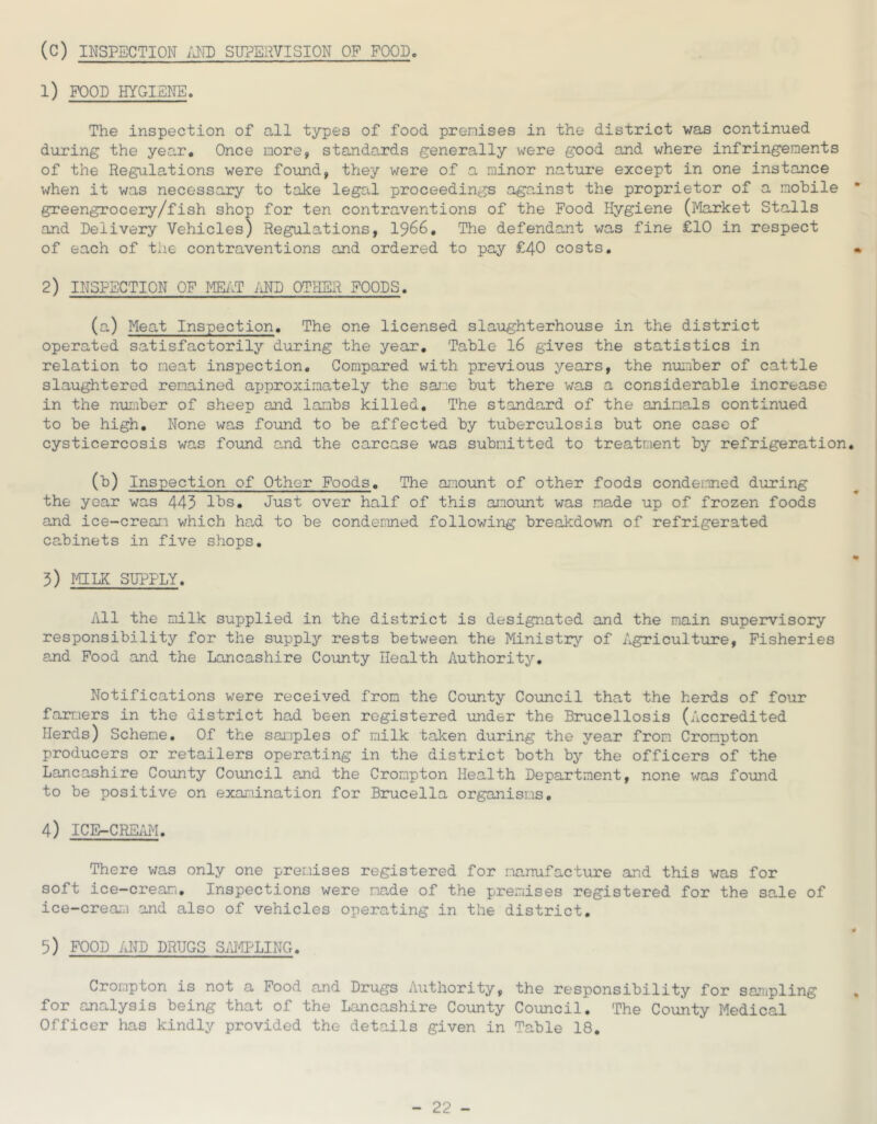 (c) INSPECTION /J^ID SUPERVISION OF FOOD, 1) FOOD HYGIENE. The inspection of all types of food premises in the district was continued during the year. Once more, standards generally were good and where infringements of the Regulations were found, they were of a minor nature except in one instance when it was necessary to talce legal proceedings against the proprietor of a mobile * greengrocery/fish shop for ten contraventions of the Pood Hygiene (Market Stalls and Delivery Vehicles) Regulations, 1966, The defendant was fine €10 in respect of each of the contraventions and ordered to pay €40 costs, • 2) INSPECTION OF MEiVP iiND OTHER FOODS. (a) Meat Inspection, The one licensed slaughterhouse in the district operated satisfactorily during the year. Table 16 gives the statistics in relation to neat inspection. Compared with previous years, the number of cattle slaughtered remained ajjproximately the sane but there was a considerable increase in the nuLiber of sheep and lambs killed. The standard of the animals continued to be high. None was found to be affected by tuberculosis but one case of cysticercosis was found and the carcase was submitted to treatment by refrigeration, (b) Inspection of Other Foods. The amount of other foods condemned during the year was 443 lbs. Just over half of this amount was made up of frozen foods and ice-cream which ha-d to be condemned following breakdown of refrigerated cabinets in five shops. 3) MLK SFPPLY. All the milk supplied in the district is designated and the main supervisory responsibility for the supply rests between the Ministrj^ of Agriculture, Fisheries and Pood and the Lancashire County Health Authority'’, Notifications were received from the County Council that the herds of four farmers in the district had been registered under the Brucellosis (Accredited Herds) Scheme, Of the samples of milk taken during the year from Crompton producers or retailers operating in the district both by the officers of the Lancashire County Council and the Crompton Health Department, none was found to be positive on exaraination for Brucella organisms, 4) lCE-CREi\M. There was only one premises registered for manufacture and this was for soft ice-cream. Inspections were made of the premises registered for the sale of ice-cream and also of vehicles operating in the district, 0 5) FOOD /HTD DRUGS S/JlPLINCr, Crompton is not a Pood and Drugs Authority, the responsibility for sampling , for analysis being that of the Lancashire County Council. The County Medical Officer has kindly provided the details given in Table 18.