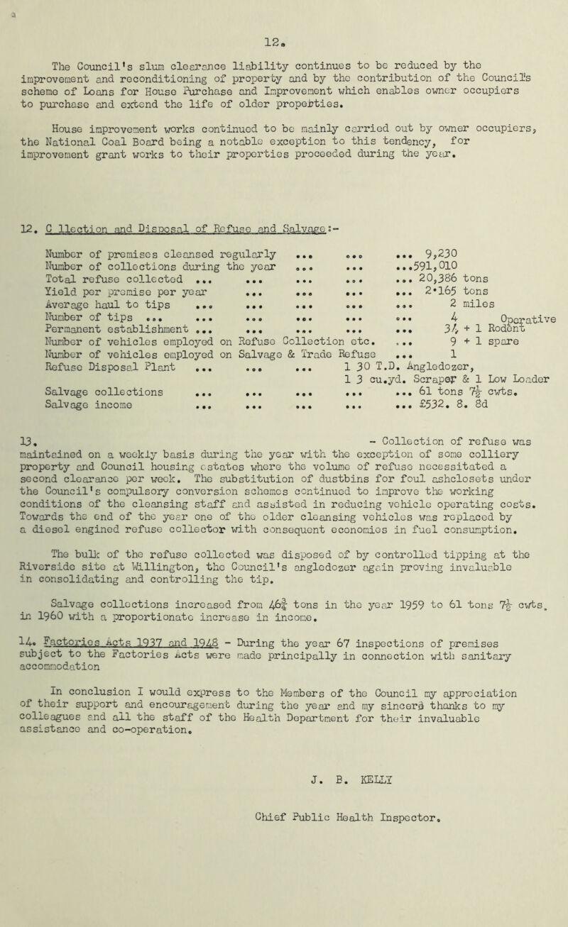:> The Council's slum clesrance liability continues to be reduced by the improvement and reconditioning of property and by tho contribution of the Council's scheme of Loans for House Purchase and Improvement which enables owner occupiers to purchase and extend the life of older properties. House improvement works continued to be mainly carried out by o-^mer occupiers, tho National Coal Board being a notable exception to this tendency, for improvement grant works to thoir properties proceeded during the yctr. 12, C llection and Disposal of Refuse and Salvage • 09 • • • • e Number of premises cleansed regularly Number of collections during the year Total refuse collected ... Yield per promise per year Average haul to tips ... ••• Number of tips ... ... Permanent establishment ,,, Number of vehicles employed on Refuse Collection etc. Number of veiiicles employed on Salvage & Trade Refuse ... 9,230 ...591,010 ... 20,386 tons ... 2*165 tons .2 miles ^ Operative 34 + 1 Rodent 9+1 spare 1 0 • • • • • Refuse Disposa.l Plant Salvage collections Salvage income 1 30 T.D. Angledozer, 13 cu.yd. Scraper & 1 Low Loader ... ... 61 tons 7^ cwts. £532. 8. 8d 13, - Collection of refuse was maintained on a weekly basis during the year with the exception of some colliery property and Coxincil housing estates where the volume of refuse necessitated a second clearance per week. The substitution of dustbins for foul ashclosets under the Council's compulsory conversion schemes continued to improve the working conditions of the cleansing staff and o-seisted in reducing vehicle operating costs. Towards the end of the year one of the older cleansing vehicles was replaced by a diesel engined refuse collector with consequent economies in fuel consumption. The bulk: of the refuse collected was disposed of by controlled tipping at the Riverside site at Millington, tho Coimcil's angledozer again proving invaluable in consolidating and controlling the tip. Salvage collections increased from 4^ tons in the year 1959 to 61 tons Tg- cwts, in i960 with a proportionate increase in income, Factories Acts 1937 and 19AS - During the year 67 inspections of premises subject to the Factories iicts were made principally in connection with sanitary accommodation In conclusion I would express to the Members of the Council my appreciation of their support and encouiragement during the year and my sincerd thanks to my colleagues and all the staiff of the Health Department for their invaluable assistance and co-operation. J. E. KELLI Chief Public Health Inspector
