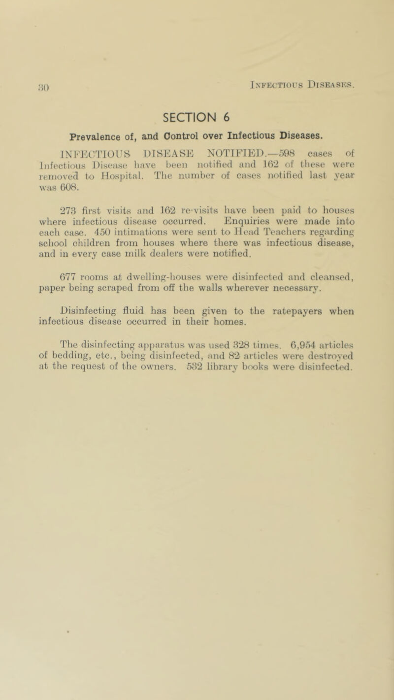 SECTION 6 Prevalence of, and Control over Infectious Diseases. INl-'KC'/l'lOrS DISEASE NOTIFIED.—598 cases of Infectious Disease have been notified and 1()*2 of these were removed to Ilosj)ilaI. The number of cases notified last year was (308. *273 first visits and 1(>2 re-visits have been paid to houses where infectious disease occurred. Enquiries were made into each case. 450 intimations were sent to Head Teachers regarding school children from houses where there was infectious disease, and in every case milk dealers were notified. 077 rooms at dwelling-houses were disinfected and cleansed, paper being scraped from off the walls wherever necessaiy’. Disinfecting fluid has been given to the ratepayers when infectious disease occurred in their homes. The disinfecting ajiparatus wius used 328 times. 0,954 articles of bedding, etc., being disinfected, and 82- articles were destroyed at the request of the owners. 5<12 library books were disinfecO^d.