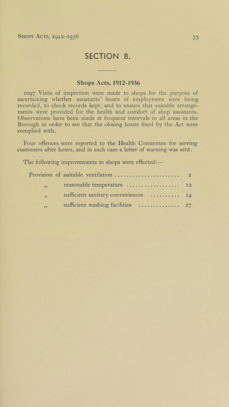 SECTION 8. Shops Acts, 1912-1936 1097 Visits of inspection were made to shops for the purpose of ascertaining whether assistants’ hours of employment were being recorded, to check records kept, and to ensure that suitable arrange- ments were provided for the health and comfort of shop assistants. Observations have been made at frequent intervals in all areas in the Borough in order to see that the closing hours fixed by the Act were complied with. Four offences were reported to the Health Committee for serving customers after hours, and in each case a letter of warning was sent. The following improvements to shops were effected:— Provision of suitable ventilation 2 ,, reasonable temperature 12 ,, sufficient sanitary conveniences 14 „ sufficient washing facilities 27