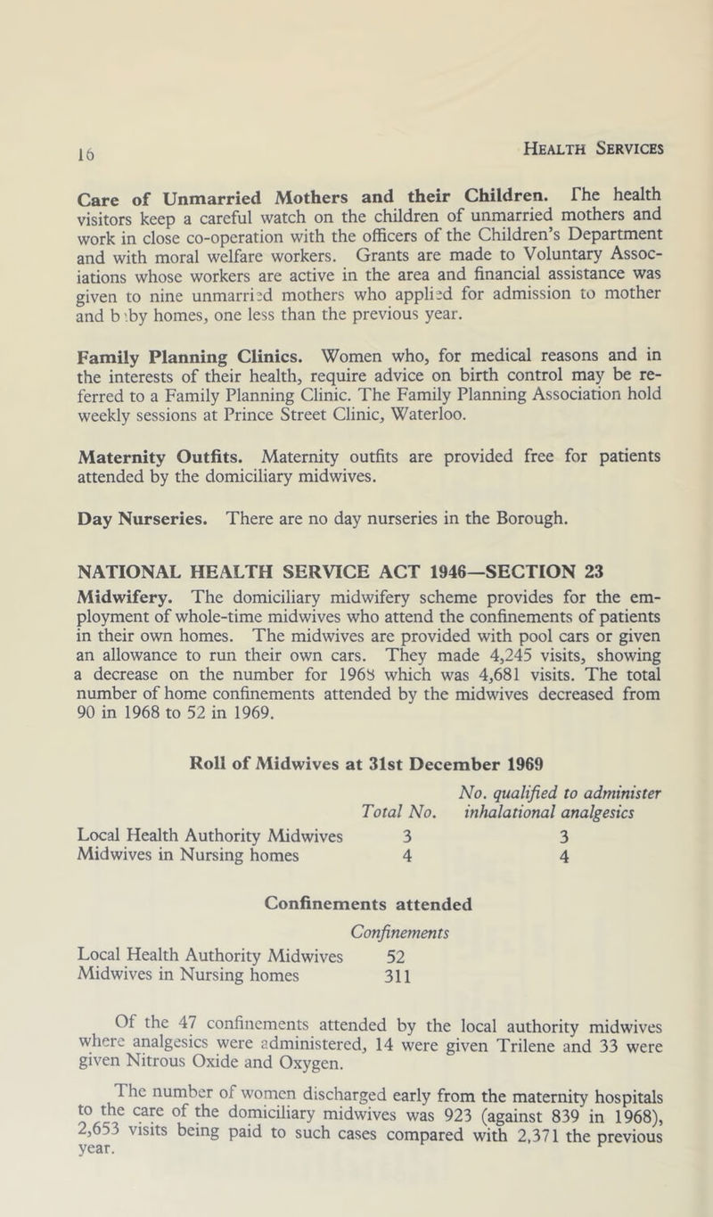 Care of Unmarried Mothers and their Children. The health visitors keep a careful watch on the children of unniarried mothers and work in close co-operation with the officers of the Children’s Department and with moral welfare workers. Grants are made to Voluntary Assoc- iations whose workers are active in the area and financial assistance was given to nine unmarried mothers who applied for admission to mother and b '.by homes, one less than the previous year. Family Planning Clinics. Women who, for medical reasons and in the interests of their health, require advice on birth control may be re- ferred to a Family Planning Clinic. The Family Planning Association hold weekly sessions at Prince Street Clinic, Waterloo. Maternity Outfits. Maternity outfits are provided free for patients attended by the domiciliary midwives. Day Nurseries. There are no day nurseries in the Borough. NATIONAL HEALTH SERVICE ACT 1946—SECTION 23 Midwifery. The domiciliary midwifery scheme provides for the em- ployment of whole-time midwives who attend the confinements of patients in their own homes. The midwives are provided with pool cars or given an allowance to run their own cars. They made 4,245 visits, showing a decrease on the number for 196S which was 4,681 visits. The total number of home confinements attended by the midwives decreased from 90 in 1968 to 52 in 1969. Roll of Midwives at 31st December 1969 No. qualified to administer Total No. inhalational analgesics Local Health Authority Midwives 3 3 Midwives in Nursing homes 4 4 Confinements attended Confinements Local Health Authority Midwives 52 Midwives in Nursing homes 311 Of the 47 confinements attended by the local authority midwives where analgesics were administered, 14 were given Trilene and 33 were given Nitrous Oxide and Oxygen. The number of women discharged early from the maternity hospitals to the care of the domiciliary midwives was 923 (against 839 in 1968), 2,653 visits being paid to such cases compared with 2,371 the previous year. ^