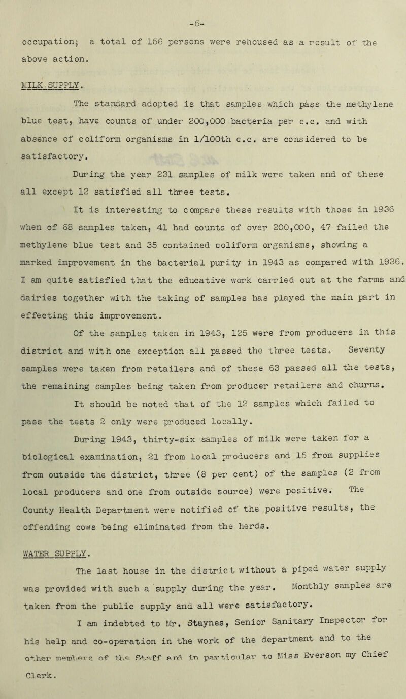 -5- occupation; a total of 156 persons were rehoused as a result of the above action. MILK SUPPLY. The standard adopted is that samples which pass the methylene blue test5 have counts of under 200,000 bacteria per c.c. and with absence of coliform organisms in l/100th c.c. are considered to be satisfactory. During the year 231 samples of milk were taken and of these all except 12 satisfied all three tests. It is interesting to compare these results with those in 1936 when of 68 samples taken, 41 had counts of over 200,000, 47 failed the methylene blue test and 35 contained coliform organisms, showing a marked improvement in the bacterial purity in 1943 as compared with 1936. I am quite satisfied that the educative work carried out at the farms and dairies together with the taking of samples has played the main part in effecting this improvement. Of the samples taken in 1943, 125 were from producers in this district and with one exception all passed the three tests. Seventy samples were taken from retailers and of these 63 passed all the tests, the remaining samples being taken from producer retailers and churns. It should be noted that of the 12 samples which failed to pass the tests 2 only were produced locally. During 1943, thirty-six samples of milk were taken for a biological examination, 21 from local producers and 15 from supplies from outside the district, three (8 per cent) of the samples (2 from local producers and one from outside source) were positive. The County Health Department were notified of the positive results, the offending cows being eliminated from the herds. WATER SUPPLY. The last house in the district without a piped water supply was provided with such a supply during the year. Monthly samples are taken from the public supply and all were satisfactory. I am indebted to Mr. Staynes, Senior Sanitary Inspector for his help and co-operation in the work of the department and to the other members rvf the fVhnff ant in particular to Miss Everson my Chief Clerk.