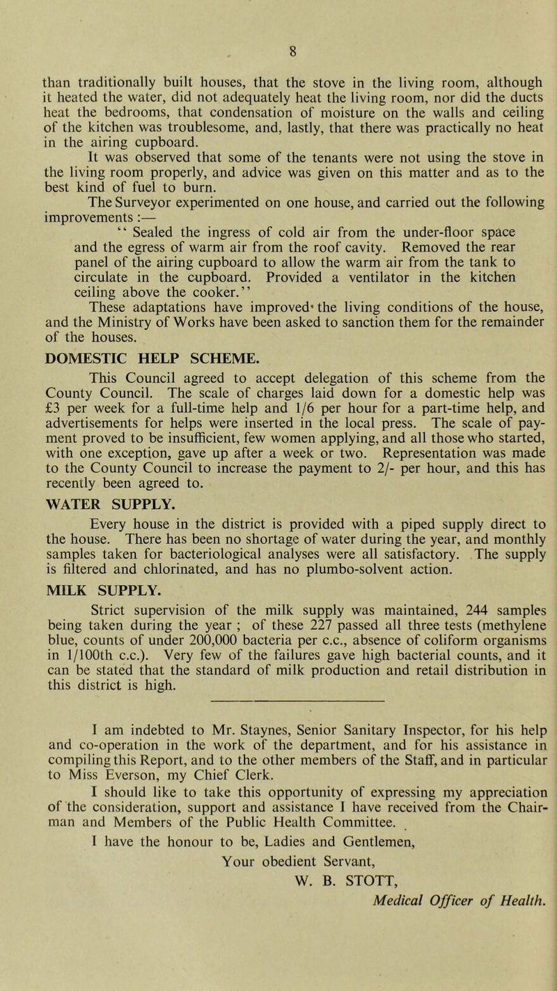 than traditionally built houses, that the stove in the living room, although it heated the water, did not adequately heat the living room, nor did the ducts heat the bedrooms, that condensation of moisture on the walls and ceiling of the kitchen was troublesome, and, lastly, that there was practically no heat in the airing cupboard. It was observed that some of the tenants were not using the stove in the living room properly, and advice was given on this matter and as to the best kind of fuel to burn. The Surveyor experimented on one house, and carried out the following improvements;— “ Sealed the ingress of cold air from the under-floor space and the egress of warm air from the roof cavity. Removed the rear panel of the airing cupboard to allow the warm air from the tank to circulate in the cupboard. Provided a ventilator in the kitchen ceiling above the cooker.” These adaptations have improved* the living conditions of the house, and the Ministry of Works have been asked to sanction them for the remainder of the houses. DOMESTIC HELP SCHEME. This Council agreed to accept delegation of this scheme from the County Council. The scale of charges laid down for a domestic help was £3 per week for a full-time help and 1/6 per hour for a part-time help, and advertisements for helps were inserted in the local press. The scale of pay- ment proved to be insufficient, few women applying, and all those who started, with one exception, gave up after a week or two. Representation was made to the County Council to increase the payment to 2/- per hour, and this has recently been agreed to. WATER SUPPLY. Every house in the district is provided with a piped supply direct to the house. There has been no shortage of water during the year, and monthly samples taken for bacteriological analyses were all satisfactory. The supply is filtered and chlorinated, and has no plumbo-solvent action. MILK SUPPLY. Strict supervision of the milk supply was maintained, 244 samples being taken during the year ; of these 227 passed all three tests (methylene blue, counts of under 200,000 bacteria per c.c., absence of coliform organisms in 1/100th C.C.). Very few of the failures gave high bacterial counts, and it can be stated that the standard of milk production and retail distribution in this district is high. I am indebted to Mr. Staynes, Senior Sanitary Inspector, for his help and co-operation in the work of the department, and for his assistance in compiling this Report, and to the other members of the Staff, and in particular to Miss Everson, my Chief Clerk. I should like to take this opportunity of expressing my appreciation of the consideration, support and assistance I have received from the Chair- man and Members of the Public Health Committee. I have the honour to be. Ladies and Gentlemen, Your obedient Servant, W. B. STOTT, Medical Officer of Health.