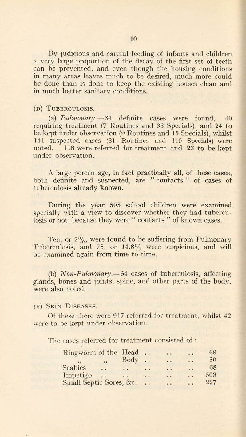 By judicions and careful feeding of infants and children a ver}^ large proportion of the decay of the first set of teeth can be prevented, and even though the housing conditions in many areas leaves much to be desired, much more could be done than is done to keep the existing houses clean and in much better sanitary conditions. (d) Tuberculosis. (a) Pulmonary.—64 definite cases were found, 40 requiring treatment (7 Routines and 33 Specials), and 24 to be kept under observation (9 Routines and 15 Specials), whilst 141 suspected cases (31 Routines and 110 Specials) were noted. 118 were referred for treatment and 23 to be kept under observation. A large percentage, in fact practically all, of these cases, both definite and suspected, are “ contacts ” of cases of tuberculosis already known. During the year 505 school children were examined specially with a view to discover whether they had tubercu¬ losis or not, because they were  contacts ” of known cases. 'Pen, or 2%, were found to be suffering from Pulmonary Tuberculosis, and 75, or 14.8% were suspicious, and will be examined again from time to time. (b) Non-Pulmonary.—64 cases of tuberculosis, affecting glands, bones and joints, spine, and other parts of the body, were also noted. (e) Skin Diseases. Of these there were 917 referred for treatment, whilst 42 were to be kept under ob.servation. The cases referred for treatment consisted of ;— Ringworm of the Head „ „ Bodv Scabies Impetigo Small Septic Sores, &c. 69 50 68 503 227