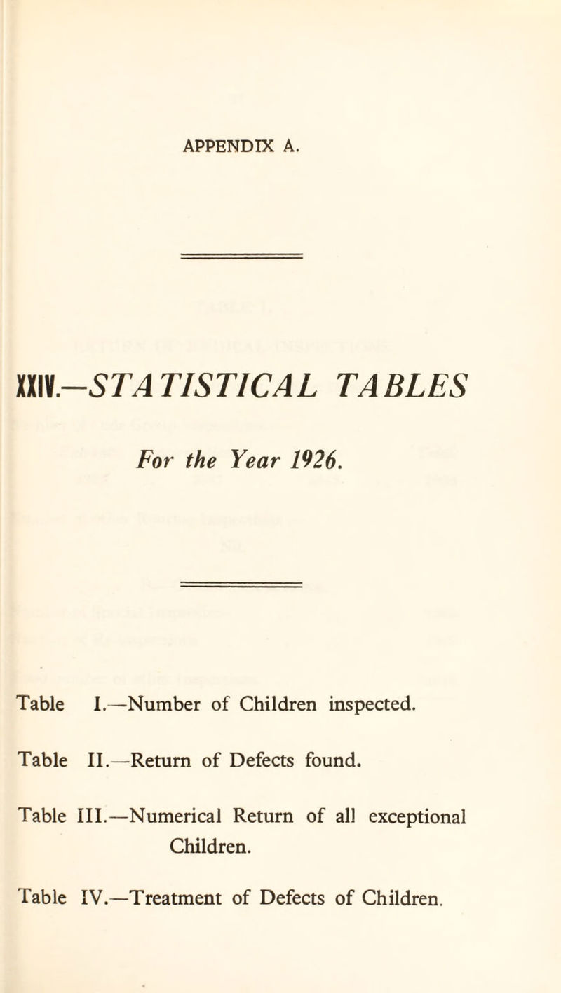 APPENDIX A. XXlK.-^r^ TISTICA L TA BLES For the Year 1926. Table I.—Number of Children inspected. Table II.—Return of Defects found. Table III.—Numerical Return of all exceptional Children.