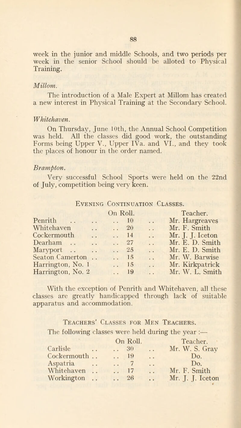 week in the junior and middle Schools, and two periods per week in the senior School should be alloted to Physical Training. Milloni. The introduction of a Male Expert at Millom has created a new interest in Physical Training at the Secondary School. Whitehaven. On Thursday, June 10th, the Annual School Competition was held. All the classes did good work, the outstanding Forms being Upper V., Upper IVa. and VI., and they took the places of honour in the order named. Brampton. Very successful School Sports were held on the 22nd of July, competition being very keen. Evening Continuation Classes. Penrith On Roll. . . 10 Teacher. Mr. Hargreaves Whitehaven . . 20 Mr. F. Smith Cockermouth . . 14 Mr. J. J. Iceton Dearham . . 27 Mr. E. D. Smith Maryport .. . . 25 Mr. E. D. Smith Seaton Camerton . . . . 15 Mr. W. Barwise Harrington, No. 1 . . 15 Mr. Kirkpatrick Harrington, No. 2 . . 19 Mr. Mh L. Smith With the exception of Penrith and Whitehaven, all these classes are greatly handicapped through lack of suitable apparatus and accommodation. Teachers’ Classes for Men Teachers. The following classes were held during the year ;— On Roll. Teacher. Carlisle . . 30 .Air. W. S. Grav Cockermouth .. .. 19 Do. Aspatria 7 Do. Whitehaven .. . . 17 Air. F. Smith Workington .. . . 26 Mr. J. J. Iceton 0