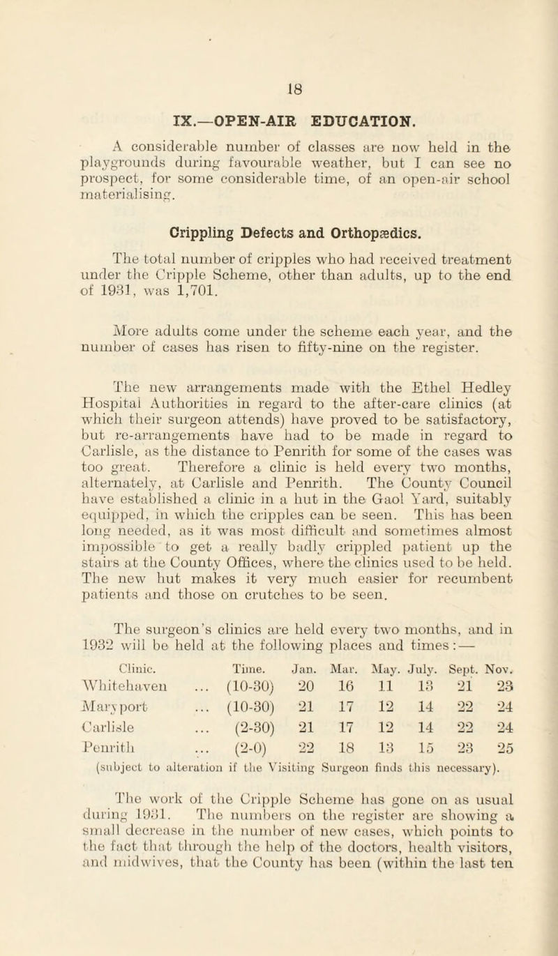 IX.—OPEN-AIR EDUCATION. A considerable number of classes are now held in the playgrounds during favourable weather, but I can see no prospect, for some considerable time, of an open-air school materialising. Crippling Defects and Orthopaedics. The total number of cripples who had received treatment under the Cripple Scheme, other than adults, up to the end of 1981, was 1,701. More adults come under the scheme each year, and the number of cases has risen to fifty-nine on the register. The new arrangements made with the Ethel Hedley Hospital Authorities in regard to the after-care clinics (at which their surgeon attends) have proved to be satisfactory, but re-arrangements have had to be made in regard to Carlisle, as the distance to Penrith for some of the cases was too great. Therefore a clinic is held every two months, alternately, at Carlisle and Penrith. The County Council have established a clinic in a hut in the Gaol Yard, suitably eciuipjjed, in which the cripples can be seen. This has been long needed, as it was most difficult and sometimes almost ini])ossible to get a really badly crippled patient up the stairs at the County Offices, where the clinics used to be held. The new hut makes it very much easier for recumbent patients and those on crutches to be seen. The surgeon’s clinics are held every two mouths, and in 1932 will be held at the following places and times: — Clinic. Time. Jan. Mar. May. July. Sept. Nov. Whitehaven (10-30) 20 16 11 18 21 23 Mary port ... (10-30) 21 17 12 14 22 24 Carlisle ... (2-30) 21 17 12 14 22 24 Penrith C-^-0) 22 18 13 lo 23 25 (subject to iilteratioa if the \'isiting Surgeon finds tins necessary). The work of the Criftple Scheme has gone on as usual during 1981. The numiters on the register are showing a. small decrease in the number of new ctises, which points to the fact that through the help of the doctors, health visitors, and midwives, that the County has been (within the last ten
