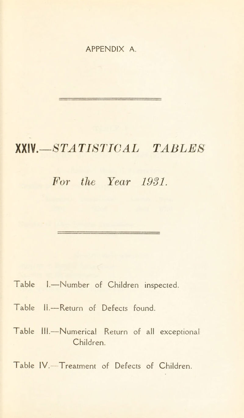 XXIV.—8 TIS TIC AL TABLES For the Year 1931. Table 1.—Number of Children inspected. Table II.—Return of Defects found. Table ill.—Numerical Return of all exceptional Children. Table IV.—Treatment of Defects of Children.