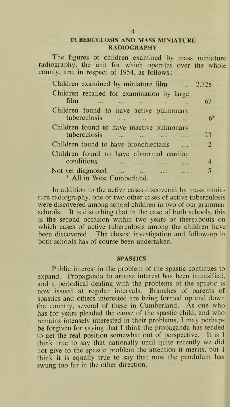 TUBERCULOSIS AND MASS MINIATURE RADIOGRAPHY The figures of children examined by mass miniature radiography, the unit for which operates over the whole county, are, in respect of 1954, as follows: — Children examined by miniature film ... 2,728 Children recalled for examination by large film 67 Children found to have active pulmonary tuberculosis ... ... 6* Children found to have inactive pulmonary tuberculosis ... ... ... ... 23 Children found to have bronchiectasis ... 2 Children found to have abnormal cardiac conditions ... ... 4 Not yet diagnosed ... ... ... ... 5 * All in West Cumberland. In addition to the active cases discovered by mass minia- ture radiography, one or two other cases of active tuberculosis were discovered among school children in two of our grammar schools. It is disturbing that in the case of both schools, this is the second occasion within two years or thereabouts on which cases of active tuberculosis among the children have been discovered. The closest investigation and follow-up in both schools has of course been undertaken. SPASTICS Public interest in the problem of the spastic continues to expand. Propaganda to arouse interest has been intensified, and a periodical dealing with the problems of the spastic is now issued at regular intervals. Branches of parents of spastics and others interested are being formed up and down the country, several of these in Cumberland. As one who has for years pleaded the cause of the spastic child, and who remains intensely interested in their problems, I may perhaps be forgiven for saying that I think the propaganda has tended to get the real position somewhat out of perspective. It is I think true to say that nationally until quite recently we did not give to the spastic problem the attention it merits, but I think it is equally true to say that now the pendulum has swung too far in the other direction,