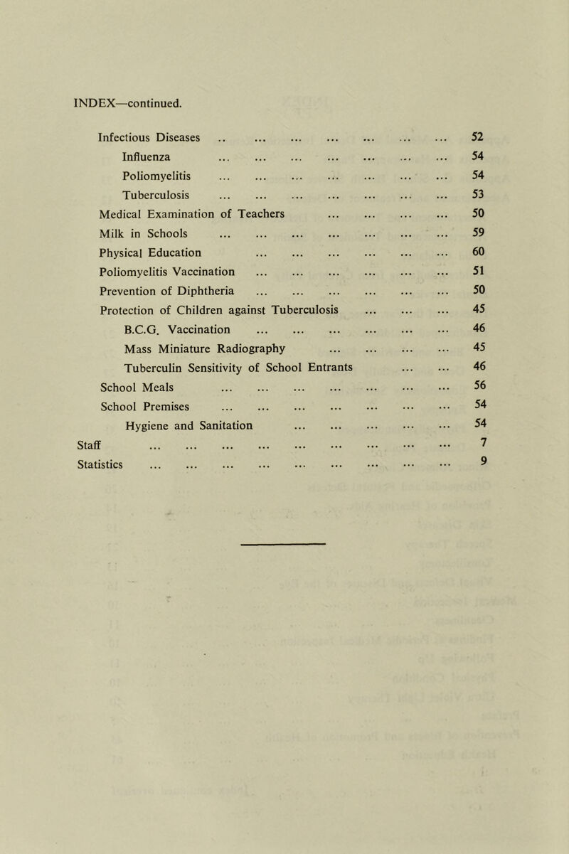 Infectious Diseases .. 52 Influenza 54 Poliomyelitis 54 Tuberculosis ... 53 Medical Examination of Teachers ... 50 Milk in Schools ... 59 Physical Education ... 60 Poliomyelitis Vaccination 51 Prevention of Diphtheria 50 Protection of Children against Tuberculosis 45 B.C.G. Vaccination 46 Mass Miniature Radiography 45 Tuberculin Sensitivity of School Entrants 46 School Meals ... 56 School Premises 54 Hygiene and Sanitation 54 Staff 7 Statistics ••• ••• ^