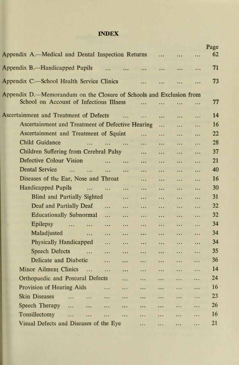 INDEX Page Appendix A.—Medical and Dental Inspection Returns 62 Appendix B.—Handicapped Pupils 71 Appendix C.—School Health Service Clinics 73 Appendix D.—Memorandum on the Closure of Schools and Exclusion from School on Account of Infectious Illness 77 Ascertainment and Treatment of Defects 14 Ascertainment and Treatment of Defective Hearing 16 Ascertainment and Treatment of Squint 22 Child Guidance 28 Children Suffering from Cerebral Palsy 37 Defective Colour Vision 21 Dental Service 40 Diseases of the Ear, Nose and Throat 16 Handicapped Pupils 30 Blind and Partially Sighted 31 Deaf and Partially Deaf 32 Educationally Subnormal 32 Epilepsy 34 Maladjusted 34 Physically Handicapped 34 Speech Defects 35 Delicate and Diabetic 36 Minor Ailment Clinics 14 Orthopaedic and Postural Defects 24 Provision of Hearing Aids 16 Skin Diseases 23 Speech Therapy 26 Tonsillectomy 16 Visual Defects and Diseases of the Eye 21