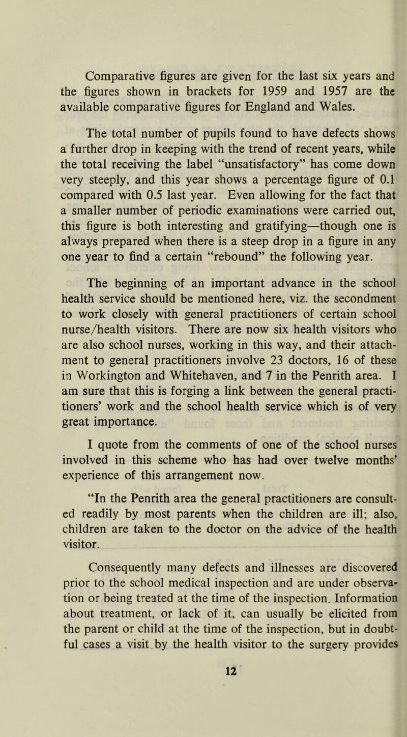 Comparative figures are given for the last six years and the figures shown in brackets for 1959 and 1957 are the available comparative figures for England and Wales. The total number of pupils found to have defects shows a further drop in keeping with the trend of recent years, while the total receiving the label “unsatisfactory” has come down very steeply, and this year shows a percentage figure of 0.1 compared with 0.5 last year. Even allowing for the fact that a smaller number of periodic examinations were carried out, this figure is both interesting and gratifying—though one is always prepared when there is a steep drop in a figure in any one year to find a certain “rebound” the following year. The beginning of an important advance in the school health service should be mentioned here, viz. the secondment to work closely with general practitioners of certain school nurse/health visitors. There are now six health visitors who are also school nurses, working in this way, and their attach- ment to general practitioners involve 23 doctors, 16 of these in Workington and Whitehaven, and 7 in the Penrith area. I am sure that this is forging a link between the general practi- tioners’ work and the school health service which is of very great importance. I quote from the comments of one of the school nurses involved in this scheme who has had over twelve months’ experience of this arrangement now. “In the Penrith area the general practitioners are consult- ed readily by most parents when the children are ill; also, children are taken to the doctor on the advice of the health visitor. Consequently many defects and illnesses are discovered prior to the school medical inspection and are under observa- tion or being treated at the time of the inspection. Information about treatment, or lack of it, can usually be elicited from the parent or child at the time of the inspection, but in doubt- ful cases a visit by the health visitor to the surgery provides