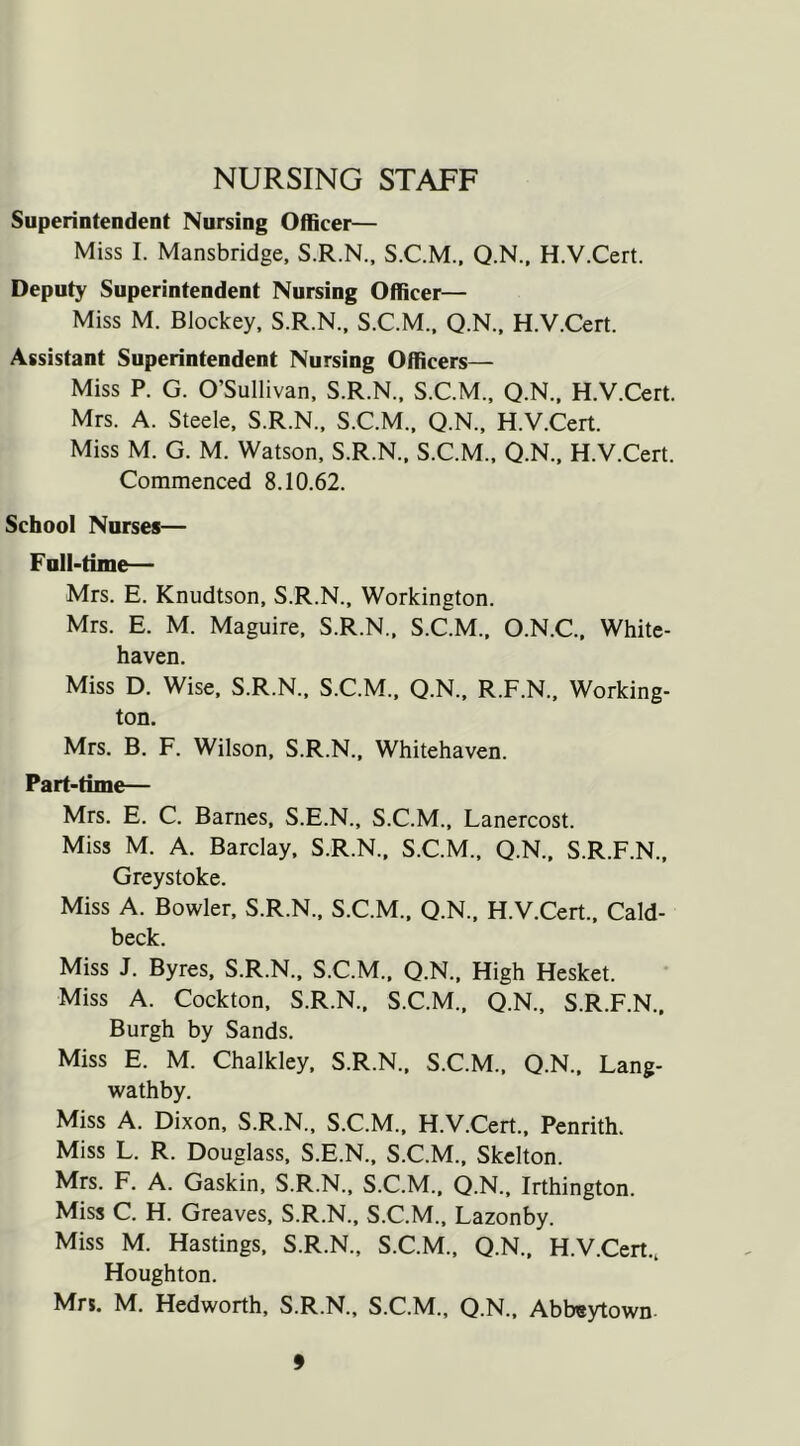 NURSING STAFF Superintendent Nursing Officer— Miss I. Mansbridge, S.R.N., S.C.M., Q.N., H.V.Cert. Deputy Superintendent Nursing Officer— Miss M. Blockey, S.R.N., S.C.M., Q.N., H.V.Cert. Assistant Superintendent Nursing Officers— Miss P. G. O’Sullivan, S.R.N., S.C.M., Q.N., H.V.Cert. Mrs. A. Steele, S.R.N., S.C.M., Q.N., H.V.Cert. Miss M. G. M. Watson, S.R.N., S.C.M., Q.N., H.V.Cert. Commenced 8.10.62. School Nurses— Full-time— Mrs. E. Knudtson, S.R.N., Workington. Mrs. E. M. Maguire, S.R.N., S.C.M., O.N.C., White- haven. Miss D. Wise, S.R.N., S.C.M., Q.N., R.F.N., Working- ton. Mrs. B. F. Wilson, S.R.N., Whitehaven. Part-time— Mrs. E. C. Barnes, S.E.N., S.C.M., Lanercost. Miss M. A. Barclay, S.R.N., S.C.M., Q.N., S.R.F.N., Greystoke. Miss A. Bowler, S.R.N., S.C.M., Q.N., H.V.Cert., Cald- beck. Miss J. Byres, S.R.N., S.C.M., Q.N., High Hesket. Miss A. Cockton, S.R.N., S.C.M., Q.N., S.R.F.N., Burgh by Sands. Miss E. M. Chalkley, S.R.N., S.C.M., Q.N., Lang- wathby. Miss A. Dixon, S.R.N., S.C.M., H.V.Cert., Penrith. Miss L. R. Douglass, S.E.N., S.C.M., Skelton. Mrs. F. A. Gaskin, S.R.N., S.C.M., Q.N., Irthington. Miss C. H. Greaves, S.R.N., S.C.M., Lazonby. Miss M. Hastings, S.R.N., S.C.M., Q.N., H.V.Cert., Houghton. Mrs. M. Hedworth, S.R.N., S.C.M., Q.N., Abbeytown