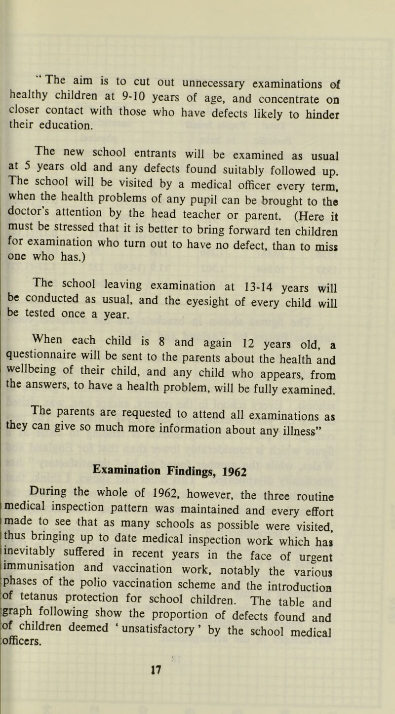 The aim is to cut out unnecessary examinations of healthy children at 9-10 years of age, and concentrate on closer contact with those who have defects likely to hinder their education. The new school entrants will be examined as usual at 5 years old and any defects found suitably followed up. The school will be visited by a medical officer every term, when the health problems of any pupil can be brought to the doctor s attention by the head teacher or parent. (Here it must be stressed that it is better to bring forward ten children for examination who turn out to have no defect, than to miss one who has.) The school leaving examination at 13-14 years will be conducted as usual, and the eyesight of every child will be tested once a year. When each child is 8 and again 12 years old, a questionnaire will be sent to the parents about the health and wellbeing of their child, and any child who appears, from the answers, to have a health problem, will be fully examined. The parents are requested to attend all examinations as they can give so much more information about any illness” Examination Findings, 1962 During the whole of 1962, however, the three routine medical inspection pattern was maintained and every effort made to see that as many schools as possible were visited, thus bringing up to date medical inspection work which has inevitably suffered in recent years in the face of urgent i immunisation and vaccination work, notably the various phases of the polio vaccination scheme and the introduction of tetanus protection for school children. The table and graph following show the proportion of defects found and of children deemed ‘unsatisfactory’ by the school medical officers.