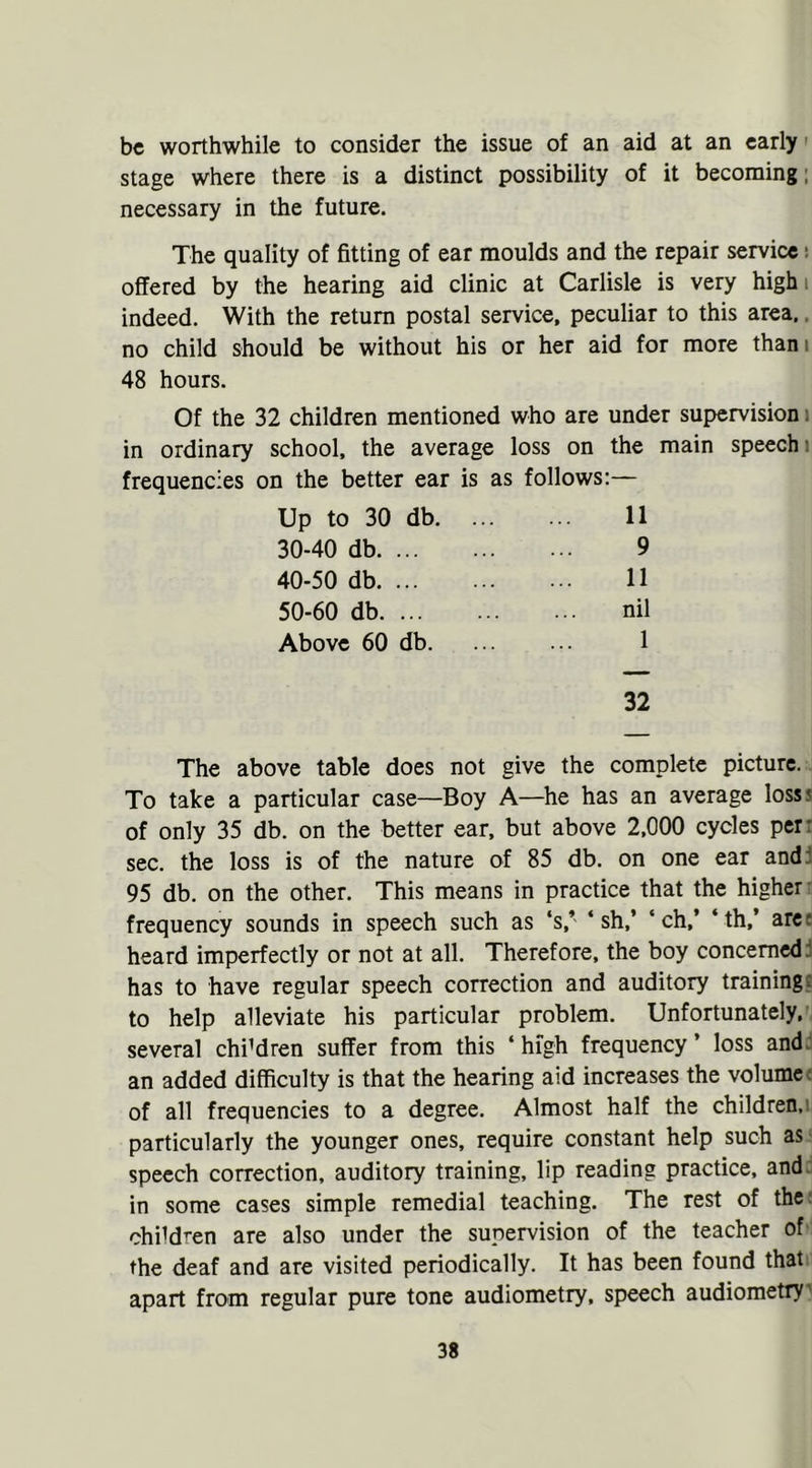 be worthwhile to consider the issue of an aid at an early stage where there is a distinct possibility of it becoming necessary in the future. The quality of fitting of ear moulds and the repair service: offered by the hearing aid clinic at Carlisle is very high indeed. With the return postal service, peculiar to this area, no child should be without his or her aid for more than 48 hours. Of the 32 children mentioned who are under supervision in ordinary school, the average loss on the main speech frequencies on the better ear is as follows:— Up to 30 db. ... 11 30-40 db 9 40-50 db 11 50-60 db ... nil Above 60 db. 1 32 The above table does not give the complete picture. To take a particular case—Boy A—he has an average loss' of only 35 db. on the better ear, but above 2,000 cycles pen sec. the loss is of the nature of 85 db. on one ear and 95 db. on the other. This means in practice that the higher frequency sounds in speech such as ‘s,’ ‘ sh,’ ‘ ch,’ ‘ th,’ are c heard imperfectly or not at all. Therefore, the boy concerned has to have regular speech correction and auditory training, to help alleviate his particular problem. Unfortunately, several chiMren suffer from this ‘high frequency’ loss and an added difficulty is that the hearing aid increases the volume of all frequencies to a degree. Almost half the children/ particularly the younger ones, require constant help such as speech correction, auditory training, lip reading practice, and in some cases simple remedial teaching. The rest of the chiMren are also under the supervision of the teacher of the deaf and are visited periodically. It has been found that apart from regular pure tone audiometry, speech audiometry