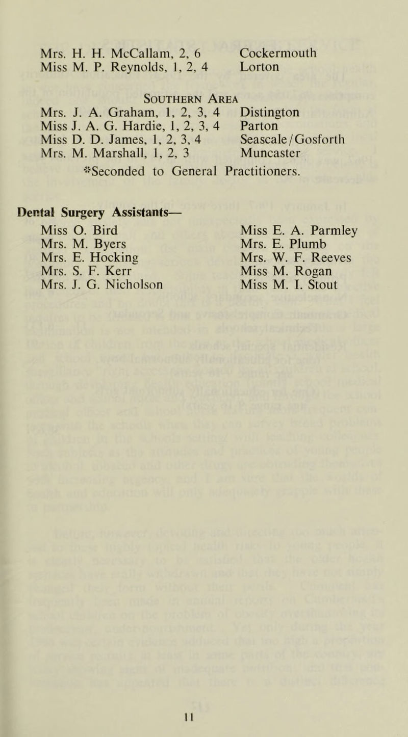 Mrs. H. H. McCallam, 2, 6 Cockermouth Miss M. P. Reynolds, 1, 2, 4 Lorton Southern Area Mrs. J. A. Graham, 1, 2, 3, 4 Distington Miss J. A. G. Hardie, 1, 2, 3, 4 Parton Miss D. D. James, 1, 2, 3, 4 Seascale/Gosl'orlh Mrs. M. Marshall, 1, 2, 3 Muncaster ■•Seconded to General Practitioners. Dental Surgery Assistants— Miss O. Bird Miss E. A. Parmley Mrs. M. Byers Mrs. E. Plumb Mrs. E. Hocking Mrs. W. F. Reeves Mrs. S. F. Kerr Miss M. Rogan Mrs. J. G. Nicholson Miss M. I. Stout