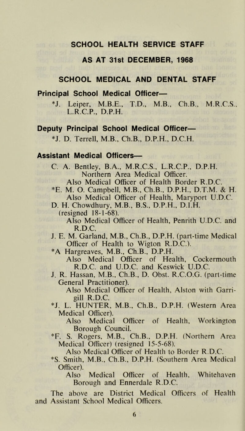 SCHOOL HEALTH SERVICE STAFF AS AT 31st DECEMBER, 1968 SCHOOL MEDICAL AND DENTAL STAFF Principal School Medical Officer— *J. Leiper, T.D., M.B.. Ch.B., M.R.C.S., L.R.C.P., D.P.H. Deputy Principal School Medical Officer— *J. D. Terrell, M.B., Ch.B., D.P.H., D.C.H. Assistant Medical Officers— C. A. Bentley, B.A., M.R.C.S., L.R.C.P., D.P.H. Northern Area Medical Officer. Also Medical Officer of Health Border R.D.C. *E. M. O. Campbell, M.B., Ch.B., D.P.H., D.T.M. & H. Also Medical Officer of Health, Maryport U.D.C. D. H. Chowdhury, M.B., B.S., D.P.H., D.I.H. (resigned 18-1-68). Also Medical Officer of Health, Penrith U.D.C. and R.D.C. J. E. M. Garland, M.B., Ch.B., D.P.H. (part-time Medical Officer of Health to Wigton R.D.C.). *A Hargreaves, M.B., Ch.B., D.P.H. Also Medical Officer of Health, Cockermouth R.D.C. and U.D.C. and Keswick U.D.C. J. R. Hassan, M.B., Ch.B., D. Obst. R.C.O.G. (part-time General Practitioner). Also Medical Officer of Health, Alston with Garri- gill R.D.C. *J. L. HUNTER, M.B., Ch.B., D.P.H. (Western Area Medical Officer). .Mso Medical Officer of Health, Workington Borough Council. *F. S. Rogers, M.B., Ch.B., D.P.H. (Northern Area Medical Officer) (resigned 15-5-68). Also Medical Officer of Health to Border R.D.C. *S. Smith, M.B., Ch.B., D.P.H. (Southern Area Medical Officer). .Also Medical Officer of Health, Whitehaven Borough and Ennerdale R.D.C. The above are District Medical Officers of Health and Assistant School Medical Officers.