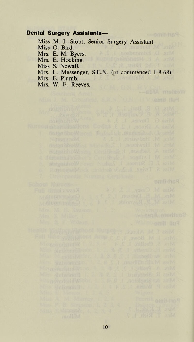 Dental Surgery Assistants— Miss M. I. Stout, Senior Surgery Assistant. Miss O. Bird. Mrs. E. M. Byers. Mrs. E. Hocking. Miss S. Newall. Mrs. L. Messenger, S.E.N. (pt commenced 1-8-68). Mrs. E. Plumb. Mrs. W. F. Reeves.