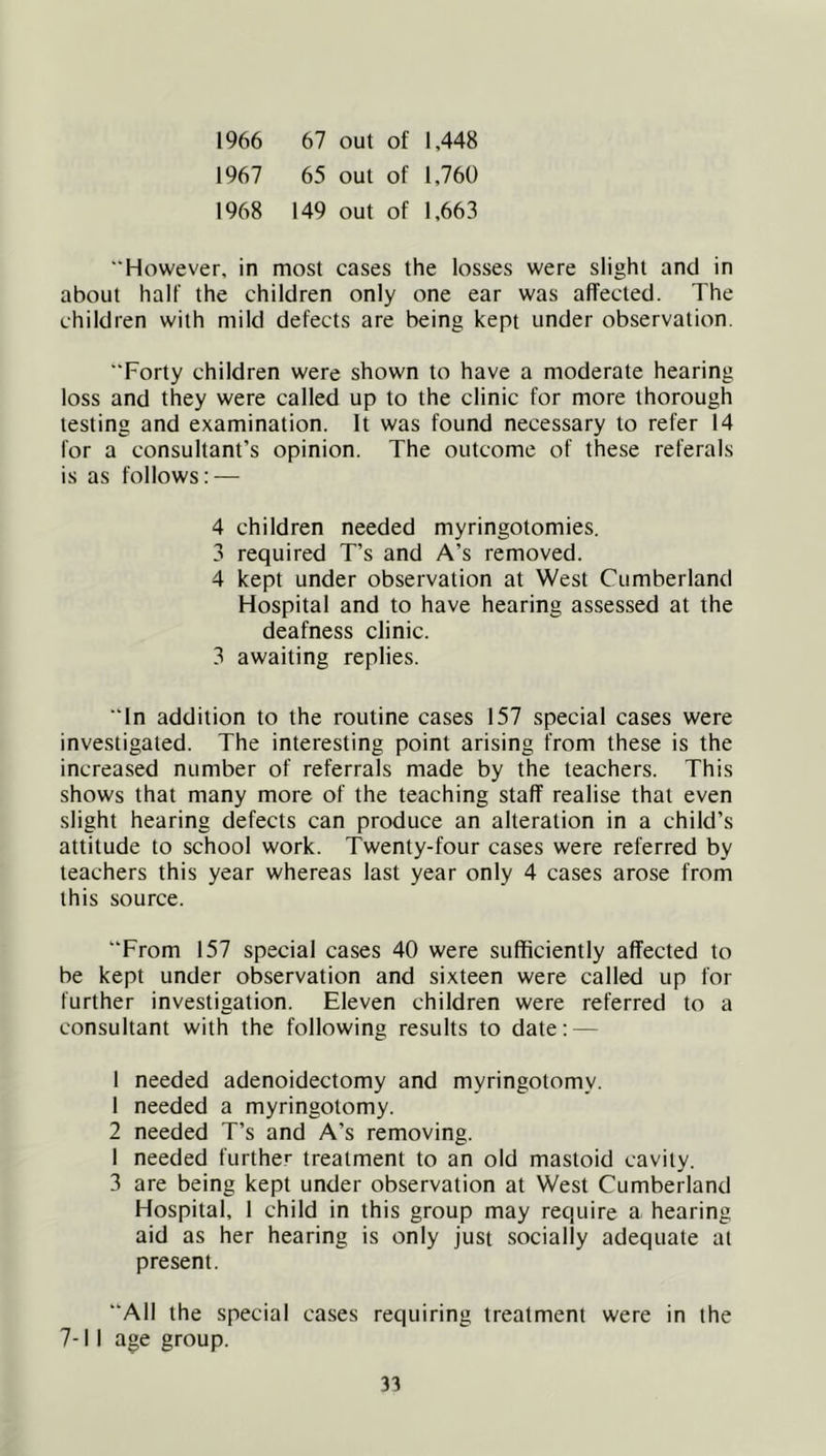 1966 67 out of 1,448 1967 65 out of 1,760 1968 149 out of 1,663 “However, in most cases the losses were slight and in about half the children only one ear was affected. The children with mild defects are being kept under observation. “Forty children were shown to have a moderate hearing loss and they were called up to the clinic for more thorough testing and examination. It was found necessary to refer 14 for a consultant’s opinion. The outcome of these referals is as follows; — 4 children needed myringotomies. 3 required T’s and A’s removed. 4 kept under observation at West Cumberland Hospital and to have hearing assessed at the deafness clinic. 3 awaiting replies. “In addition to the routine cases 157 special cases were investigated. The interesting point arising from these is the increased number of referrals made by the teachers. This shows that many more of the teaching staff realise that even slight hearing defects can produce an alteration in a child’s attitude to school work. Twenty-four cases were referred by teachers this year whereas last year only 4 cases arose from this source. “From 157 special cases 40 were sufficiently affected to be kept under observation and sixteen were called up for further investigation. Eleven children were referred to a consultant with the following results to date: — I needed adenoidectomy and myringotomy. 1 needed a myringotomy. 2 needed T’s and A’s removing. 1 needed further treatment to an old mastoid cavity. 3 are being kept under observation at West Cumberland Hospital, 1 child in this group may require a hearing aid as her hearing is only just socially adequate at present. “All the special cases requiring treatment were in the 7-11 age group.
