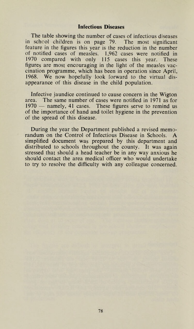 Infectious Diseases The table showing the number of cases of infectious diseases in school children is on page 79. The most significant feature in the figures this year is the reduction in the number of notified cases of measles. 1,962 cases were notified in 1970 compared with only 115 cases this year. These figures are most encouraging in the light of the measles vac- cination programme, which has been in operation since April, 1968. We now hopefully look forward to the virtual dis- appearance of this disease in the child population. Infective jaundice continued to cause concern in the Wigton area. The same number of cases were notified in 1971 as for 1970 — namely, 41 cases. These figures serve to remind us of the importance of hand and toilet hygiene in the prevention of the spread of this disease. During the year the Department published a revised memo- randum on the Control of Infectious Disease in Schools. A simplified document was prepared by this department and distributed to schools throughout the county. It was again stressed that should a head teacher be in any way anxious he should contact the area medical officer who would undertake to try to resolve the difficulty with any colleague concerned.