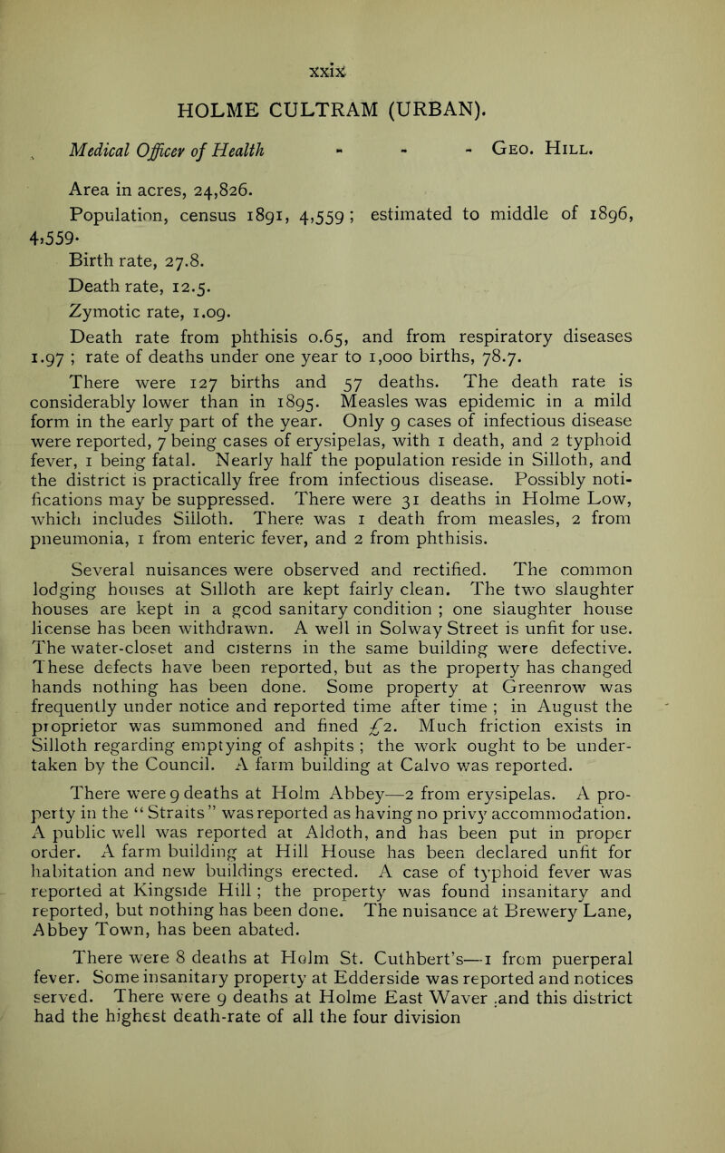HOLME CULTRAM (URBAN). Medical Officer of Health « - - Geo. Hill. Area in acres, 24,826. Population, census 1891, 4,559; estimated to middle of 1896, 4.559- Birth rate, 27.8. Death rate, 12.5. Zymotic rate, 1.09. Death rate from phthisis 0.65, and from respiratory diseases 1.97 ; rate of deaths under one year to 1,000 births, 78.7. There were 127 births and 57 deaths. The death rate is considerably lower than in 1895. Measles was epidemic in a mild form in the early part of the year. Only 9 cases of infectious disease were reported, 7 being cases of erysipelas, with i death, and 2 typhoid fever, i being fatal. Nearly half the population reside in Silloth, and the district is practically free from infectious disease. Possibly noti- fications may be suppressed. There were 31 deaths in Holme Low, which includes Silloth. There was i death from measles, 2 from pneumonia, i from enteric fever, and 2 from phthisis. Several nuisances were observed and rectified. The common lodging houses at Silloth are kept fairly clean. The two slaughter houses are kept in a gcod sanitary condition ; one slaughter house license has been withdrawn. A well in Solway Street is unfit for use. The water-closet and cisterns in the same building were defective. These defects have been reported, but as the property has changed hands nothing has been done. Some property at Greenrow was frequently under notice and reported time after time ; in August the proprietor was summoned and fined £'2. Much friction exists in Silloth regarding emptying of ashpits ; the work ought to be under- taken by the Council. A farm building at Calvo v/as reported. There were 9 deaths at Holm Abbey—2 from erysipelas. A pro- perty in the “ Straits ” was reported as having no privy accommodation. A public well was reported at Aldoth, and has been put in proper order. A farm building at Hill House has been declared unfit for habitation and new buildings erected. A case of typhoid fever was reported at Ringside Hill; the property was found insanitary and reported, but nothing has been done. The nuisance at Brewery Lane, Abbey Town, has been abated. There were 8 deaths at Holm St. Cuthbert’s—i from puerperal fever. Some insanitary property at Edderside was reported and notices served. There were 9 deaths at Holme East Waver .and this district had the highest death-rate of all the four division