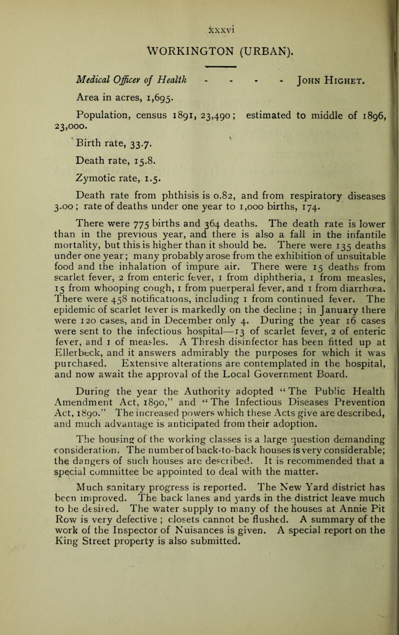^xxvi Workington (urban). Medical Officer of Health Area in acres, 1,695. John Highet. <! Population, census 1891, 23,490; estimated to middle of 1896, 23,000. Birth rate, 33.7. \ Death rate, 15.8. Zymotic rate, 1.5. Death rate from phthisis is 0.82, and from respiratory diseases 3.00 ; rate of deaths under one year to 1,000 births, 174. There were 775 births and 364 deaths. The death rate is lower than in the previous year, and there is also a fall in the infantile mortality, but this is higher than it should be. There were 135 deaths under one year; many probably arose from the exhibition of unsuitable food and the inhalation of impure air. There were 15 deaths from scarlet fever, 2 from enteric fever, i from diphtheria, i from measles, 15 from whooping cough, i from puerperal fever, and i from diarrhoea. There were 458 notifications, including i from continued fever. The epidemic of scarlet lever is markedly on the decline ; in January there were 120 cases, and in December only 4. During the year 16 cases were sent to the infectious hospital—13 of scarlet fever, 2 of enteric fever, and i of measles. A Thresh disinfector has been fitted up at Ellerbeck, and it answers admirably the purposes for which it was purchased. Extensive alterations are contemplated in the hospital, and now await the approval of the Local Government Board. During the year the Authority adopted “The Public Health Amendment Act, 1890,” and “The Infectious Diseases Prevention Act, 1890.” The increased powers which these Acts give are described, and much advantage is anticipated from their adoption. The housing of the working classes is a large question demanding consideration. The number of back-to-back houses is very considerable; the dangers of such houses are described. It is recommended that a special committee be appointed to deal with the matter. Much sanitary progress is reported. The New Yard district has been improved. The back lanes and yards in the district leave much to be desired. The water supply to many of the houses at Annie Pit Rovv^ is very defective ; closets cannot be flushed. A summary of the work of the Inspector of Nuisances is given. A special report on the King Street property is also submitted.