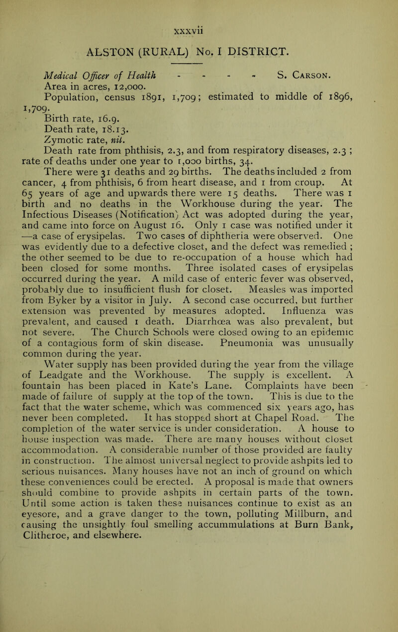 xxxvli ALSTON (RURAL) No. I DISTRICT. Medical Officer of Health - - - - S. Carson. Area in acres, 12,000. Population, census 1891, 1,709; estimated to middle of 1896, 1,709-. Birth rate, 16.9. Death rate, 18.13. Zymotic rate, nit. Death rate from phthisis, 2.3, and from respiratory diseases, 2.3 ; rate of deaths under one year to r,ooo births, 34. There were 31 deaths and 29 births. The deaths included 2 from cancer, 4 from phthisis, 6 from heart disease, and i from croup. At 65 years of age and upwards there were 15 deaths. There was i birth and no deaths in the Workhouse during the year. The Infectious Diseases (Notification) Act was adopted during the year, and came into force on August 16. Only i case was notified under it —a case of erysipelas. Two cases of diphtheria were observed. One was evidently due to a defective closet, and the defect was remedied ; the other seemed to be due to re-occupation of a house which had been closed for some months. Three isolated cases of erysipelas occurred during the year. A mild case of enteric fever was observed, probably due to insufficient flush for closet. Measles was imported from Byker by a visitor in July. A second case occurred, but further extension was prevented by measures adopted. Influenza was prevalent, and caused i death. Diarrhoea was also prevalent, but not severe. The Church Schools were closed owing to an epidemic of a contagious form of skin disease. Pneumonia was unusually common during the year. Water supply has been provided during the year from the village of Leadgate and the Workhouse. The supply is excellent. A fountain has been placed in Kate’s Lane. Complaints have been made of failure of supply at the top of the town. This is due to the fact that the water scheme, which was commenced six years ago, has never been completed. It has stopped short at Chapel Road. The completion of the water service is under consideration. A house to house inspection was made. There are many houses without closet accommodation. A considerable number of those provided are faulty in construction. The almost universal neglect to provide ashpits led to serious nuisances. Many houses have not an inch of ground on which these conveniences could be erected. A proposal is made that owners should combine to provide ashpits in certain parts of the town. Until some action is taken these nuisances continue to exist as an eyesore, and a grave danger to the town, polluting Millburn, and causing the unsightly foul smelling accummulations at Burn Bank, Clitheroe, and elsewhere.