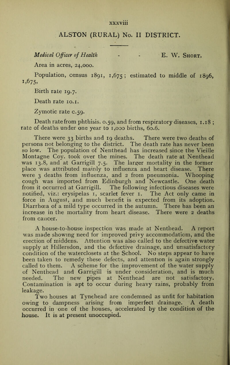 ALSTON (RURAL) No. II DISTRICT. Medical Officer of Health - - E. W. Short. Area in acres, 24,000. Population, census 1891, 1,675 5 estimated to middle of 1896, l675» Birth rate 19.7. Death rate 10.i. Zymotic rate c.59. Death rate from phthisis. 0.59, and from respiratory diseases, 1.18 ; rate of deaths under one year to i,ooo births, 60.6. There were 33 births and 19 deaths. There were two deaths of persons not belonging to the district. The death rate has never been so low. The population of Nenthead has increased since the Vieille Montague Coy. took over the mines. The death rate at Nenthead was 13.8, and at Garrigill 7.5. The larger mortality in the former place was attributed mainly to influenza and heart disease. There were 3 deaths from influenza, and 2 from pneumonia. Whooping cough was imported from Edinburgh and Newcastle. One death from it occurred at Garrigill. The following infectious diseases were notified, viz.: erysipelas i, scarlet fever i. The Act only came in force in August, and much benefit is expected from its adoption. Diarrhoea of a mild type occurred in the autumn. There has been an increase in the mortality from heart disease. There were 2 deaths from cancer. A house-to-house inspection was made at Nenthead. A report was made showing need for improved privy accommodatiom, and the erection of middens. Attention was also called to the defective water supply at Hillersdon, and the defective drainage, and unsatisfactory condition of the waterclosets at the School. No steps appear to have been taken to remedy these defects, and attention is again strongly called to them. A scheme for the improvement of the water supply of Nenthead and Garrigill is under consideration, and is much needed. The new pipes at Nenthead are not satisfactory. Contamination is apt to occur during heavy rains, probably from leakage. Two houses at Tynehead are condemned as unfit for habitation owing to dampness arising from imperfect drainage. A death occurred in one of the houses, accelerated by the condition of the house. It is at present unoccupied.