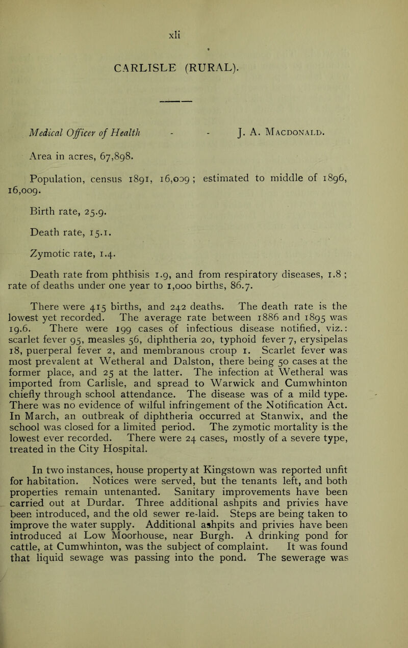 CARLISLE (RURAL). Medical Officer of Health - - J. A. Macdonald. Area in acres, 67,898. Population, census 1891, 16,009; estimated to middle of 1896, 16,009. Birth rate, 25.9. Death rate, 15.i. Zymotic rate, 1.4. Death rate from phthisis 1.9, and from respiratory diseases, 1.8 ; rate of deaths under one year to 1,000 births, 86.7. There were 415 births, and 242 deaths. The death rate is the lowest yet recorded. The average rate between 1886 and 1895 19.6. There were 199 cases of infectious disease notified, viz,: scarlet fever 95, measles 56, diphtheria 20, typhoid fever 7, erysipelas 18, puerperal fever 2, and membranous croup i. Scarlet fever was most prevalent at Wetheral and Dalston, there being 50 cases at the former place, and 25 at the latter. The infection at Wetheral was imported from Carlisle, and spread to Warwick and Cumwhinton chiefly through school attendance. The disease was of a mild type. There was no evidence of wilful infringement of the Notification Act. In March, an outbreak of diphtheria occurred at Stanwix, and the school was closed for a limited period. The zymotic mortality is the lowest ever recorded. There were 24 cases, mostly of a severe type, treated in the City Hospital. In two instances, house property at Kingstown was reported unfit for habitation. Notices were served, but the tenants left, and both properties remain untenanted. Sanitary improvements have been carried out at Durdar. Three additional ashpits and privies have been introduced, and the old sewer re-laid. Steps are being taken to improve the water supply. Additional ashpits and privies have been introduced at Low Moorhouse, near Burgh. A drinking pond for cattle, at Cumwhinton, was the subject of complaint. It was found that liquid sewage was passing into the pond. The sewerage was