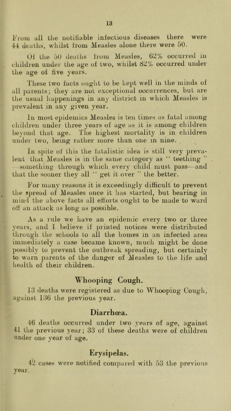 From all the uotiliable infectious diseases tliere were 44 deaths, whilst from Measles alone there were 50. Of the 50 deaths from Measles, 62% occurred in children under the age of two, whilst 82% occurred under the age of five years. These two facts ought to he kept well in the minds of all parents; they are not exceptional occurrences, but are the usual happenings in any district in which Measles is prevalent in any given year. in most epidemics Measles is ten times as fatal among children under three years of age as it is among children beyond that age. The highest mortality is in children under two, being rather more than one in nine. In spite of this the fatalistic idea is still very preva- lent that Measles is in the same category as “ teething ” something through which every child must pass—and that the sooner they all get it over ” the better. For many reasons it is exceedingly difficult to prevent the spread of Measles once it lias started, but bearing in mind the above facts all efforts ought to be made to ward off an attack as long as possible. As a rule we have an epidemic every two or three years, and I believe if printed notices were distributed through the schools to all the homes m an infected area immediately a case became known, much might be done possibly to prevent the outbreak spreading, but certainly to warn parents of the danger of Measles to the life and health of their children. Whooping Cough. 13 deaths were registered as due to Whooping Cough, against 136 the previous year. Diarrhoea. 46 deaths occurred under two years of age, against 41 the previous year; 33 of these deaths were of children under one year of age. Erysipelas. 42 cases wrere notified compared with 53 the previous