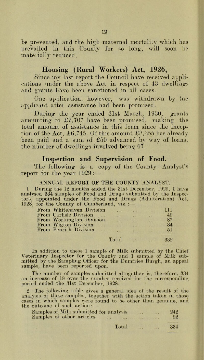 be prevented, and the higJi maternal mortality wliicli lias prevailed in tins County for so long, will soon be materially reduced. Housing (Rural Workers) Act, 1926, Since my last report the Council have received appli- cations under the above Act in respect of 43 dwellings and grants have been sanctioned in all cases. One aj-plication, however, was withdrawn by the applicant after assistance had been promised. During the year ended 31st March, 1930, grants amounting to £2,707 have been promised, making the total amount of assistance in this form since the incep- tion of the Act, ,£6,745. Of this amount £3,355 has already been paid and a sum of £50 advanced by way of loans, the number of dwellino-s involved beinoj 67. Inspection and Supervision of Food. The following is a copy of the County Analyst’s report for the year 1929 :—■ ANNUAL REPORT OF THE COUNTY ANALYST. 1 During the 12 months ended the 31st December, 1929, I have analysed 334 samples of Food and Drugs submitted by the Inspec- tors, appointed under the Food and Drugs (Adulteration) Act, 1928, for the County of Cumberland, viz. :— From Whitehaven Division 111 From Carlisle Division 49 From Workington Division 87 From Wigton Division 34 From Penrith Division 51 Total 332 In addition to these 1 sanrple of Milk submitted by the Chief Veterinary Inspector for the County and I sample of Milk sub- mitted by the Sampling Officer for the Dumfries Burgh, an appeal sample, have been reported upon. The number of samples submitted altogethei- is, therefore. 334 an inci’ea.se of 18 over the number received for the corresponding period ended the 31st December, 1928. 2 The following table gives a general idea of tlio result of the analysis of those samples, together with the action taken in those cases in which samples were found to be other than genuine, and the outcome of sucli action :— Samples of Milk submitted for analysis ... ... 242 Samples of other articles ... ... ... ... 92 Total 334