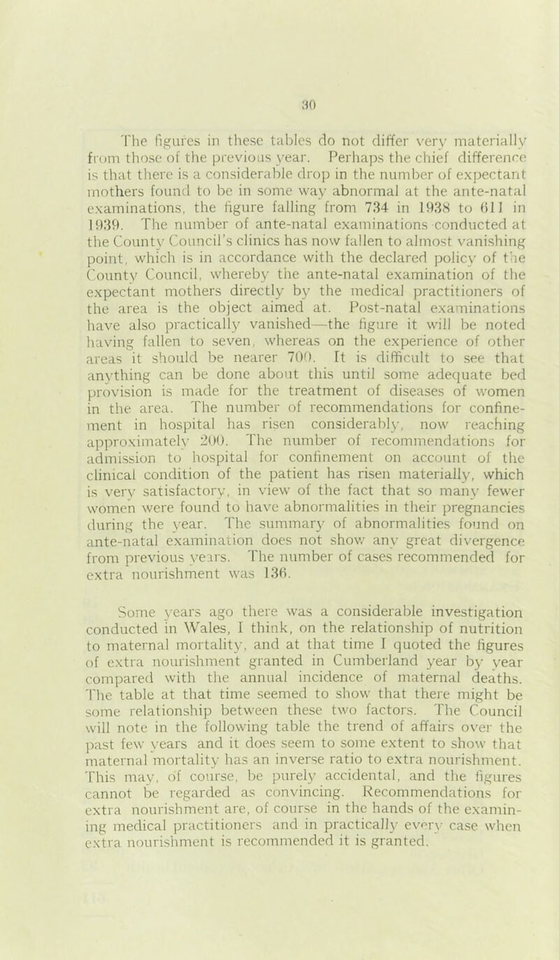 The figures in these tables do not differ very materially from those of the previous year. Perhaps the chief difference is that there is a considerable drop in the number of expectant mothers found to be in some way abnormal at the ante-natal examinations, the figure falling from 734 in 1938 to (ill in 1939. The number of ante-natal examinations conducted at the County Council’s clinics has now fallen to almost vani.shing point, which is in accordance with the declared policy of Cue (T)unty Council, whereby the ante-natal examination of the expectant mothers directly by the medical practitioners of the area is the object aimed at. Post-natal examinations have also practically vanished—the figure it will be noted having fallen to seven, whereas on the experience of other areas it should be nearer 709. ft is difficult to see that anything can be done about this until some adequate bed provision is made for the treatment of diseases of women in the area. The number of recommendations for confine- ment in hospital has risen considerably, now reaching approximatel\' 200. The number of recommendations for admission to hospital for confinement on account of the clinical condition of the patient has risen materially, which is very satisfactory, in view of the fact that so many fewer women were found to have abnormalities in their pregnancies during the year. The summary of abnormalities found on ante-natal examination does not shov/ any great divergence from previous years. The number of cases recommended for extra nourishment was 130. Some years ago there was a considerable investigation conducted in Wales, I think, on the relationship of nutrition to maternal mortality, and at that time I quoted the figures of extra nourishment granted in Cumberland year by year compared with the annual incidence of maternal deaths. The table at that time seemed to show that there might be some relationship between these two factors. The Council will note in the following table the trend of affairs over the past few years and it does .seem to some extent to show that maternal mortality has an inverse ratio to extra nourishment. This may, of course, be purely accidental, and the figures cannot be regarded as convincing. Recommendations for extra nourishment are, of course in the hands of the examin- ing medical practitioners and in practically every case when extra nourishment is recommended it is granted.