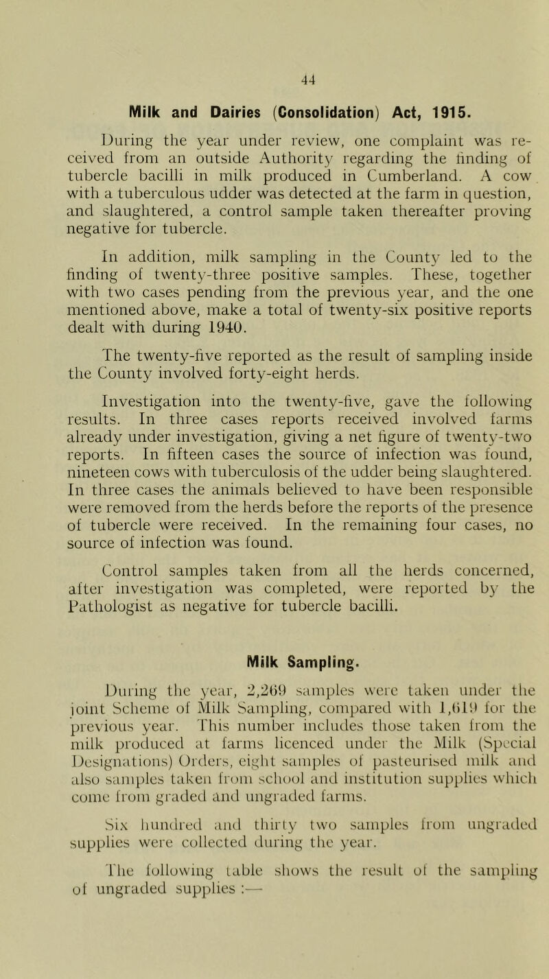 Milk and Dairies (Consolidation) Act, 1915. During the year under review, one complaiirt was re- ceived from an outside Authority regarding the linding of tubercle bacilli in milk produced in Cumberland. A cow with a tuberculous udder was detected at the farm in question, and slaughtered, a control sample taken thereafter proving negative for tubercle. In addition, milk sampling in the County led to the finding of twenty-three positive samples. These, together with two cases pending from the previous year, and the one mentioned above, make a total of twenty-six positive reports dealt with during 1940. The twenty-five reported as the result of sampling inside the County involved forty-eight herds. Investigation into the twenty-five, gave the following results. In three cases reports received involved farms already under investigation, giving a net figure of twenty-two reports. In fifteen cases the source of infection was found, nineteen cows with tuberculosis of the udder being slaughtered. In three cases the animals believed to have been responsible were removed from the herds before the reports of the presence of tubercle were received. In the remaining four cases, no source of infection was found. Control samples taken from all the herds concerned, after investigation was completed, were reported by the Pathologist as negative for tubercle bacilli. Milk Sampling. Dining the year, 2,209 samples were taken under the joint Scheme of Milk Sampling, compared with 1,019 for the previous year. This number includes those taken from the milk produced at farms licenced under the Milk (Special Designations) Orders, eight sauq^les of pasteurised milk and also sanqilcs taken from scliool auel institution supplies which come from graded and ungraded farms. Six hundred and thirty two samples from ungraded supplies were collected during the year. The following table shows the result ol the sampling of ungraded supplies :—