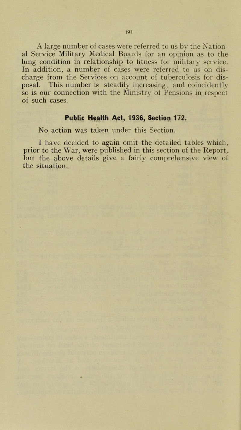 A large number of cases were referred to us by the Nation- al Service Military Medical Boards for an opinion as to the lung condition in relationship to litness for military service. In addition, a number of cases were referred to us on dis- charge from the Services on account of tuberculosis for dis- posal. This number is steadily increasing, and coincidently so is our connection with the Ministry of Pensions in respect of such cases. Public Health Act, 1936, Section 172. No action was taken under this Section. I have decided to again omit the detailed tables which, prior to the War, were published in this section of the Report, but the above details give a fairly comprehensive view of the situation.,