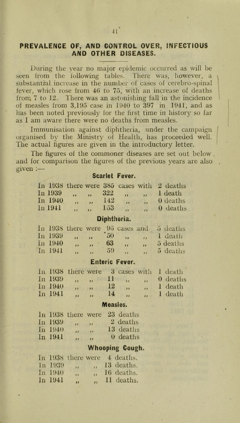 41 PREVALENCE OF, AND CONTROL OVER, INFECTIOUS AND OTHER DISEASES. During the year no major epidemic occurred as will be seen from the following tables. There was, however, a ^ substantral increase in the number of cases of cerebro-spinal ' fever, which rose from 40 to 75, with an increase of deaths fronr 7 to 12. Ihere was an astonishing fall in the incidence of measles from 3,1‘J5 case in 1940 to 397 in 1941, and as has been noted previously for the first time in history so far as 1 am aware there were no deaths from measles. Immunisation against diphtheria, under the campaign ' organised by the Ministry of Health, has proceeded well. The actual hgures are given in the introductory letter. The figures of the commoner diseases are set out below . and lor comparison the figures of the previous years are also given :— Scarlet Fever. In 193S there were 385 cases with 2 deaths In 1939 1» ,, 322 ,, ,, 1 death In 1940 t} „ 142 „ 0 deaths In 1941 i i ,, 1 o3 ,, ,, 0 deaths Diphtheria. In 1933 there were 9o cases and 5 deaths In 1939 # i ») ) > jj 1 death In 1940 » > 63 5 deaths In 1941 ff „ 5b 5 deaths Enteric Fever. In 1938 there were 3 cases with 1 death In 1939 f f > j 11 II II 0 deaths In 1940 11 II 12 1, ,, 1 death In 1941 f > ,1 14 1 death Measles. In 1938 there were 23 deaths In 1939 f f ,, 2 deaths In 1940 11 ,, 13 deatlis In 1941 1} ,, 0 deaths Whooping Cough. In 1938 there were 4 deaths. In n)39 a ,, 13 deaths. In 1940 ) f ,, 10 deaths. i>