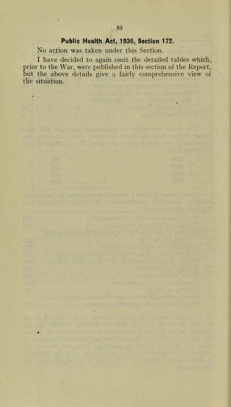 Public Health Act, 1936, Section 172. No action was taken under this Section. I have decided to again omit the detailed tables which, prior to the War, were published in this section of the Report, but the above details give a fairly comprehensive view of the situation.