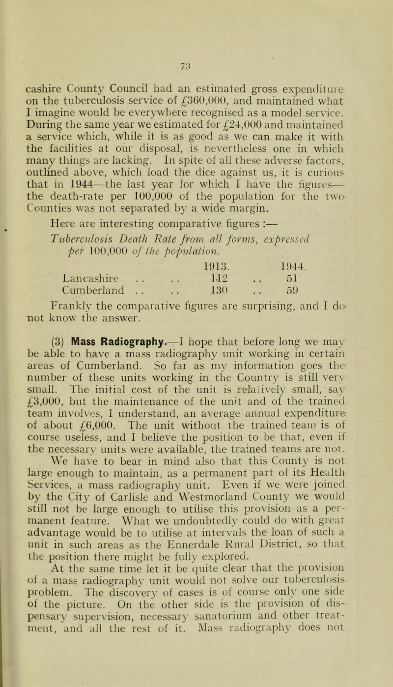 cashire County Council had an estimated gross expendituie on the tuberculosis service of and maintained what I imagine would be ever3-where recognised as a model service. During the same year we estimated for £2-t,t)U0 and maintained a service which, while it is as good as we can make it with the facilities at our disposal, is nevertheless one in which many things are lacking. In spite of all these adverse factors, outlined abo\e, which load the dice against us, it is curious that in 1944—the last year for which I have the figures— the death-rate per 100,000 of the population for the two Counties was not separated b}’ a wide margin. Here are interesting comparative figures :— Tuberculosis Death Rate from all forms, expressed per 100,000 of the pop'iilation. 1913. 1944. Lancashire . . . . 142 . . 51 Cumberland . . . . 130 .. 59 Franklv the comparative figures are surprising, and I dt> not know the answer. (3) Mass Radiography.—I hope that before long we ma\' be able to have a mass radiography unit working in certain areas of Cumberland. So far as mj- information goes the number of these units working in the Countrv' is still ver\- small. The initial cost of the unit is relaiively small, sav £3,000, but the maintenance of the unit and of the trained team invoh es, 1 understand, an a\ erage annual expenditure of about £0,000. The unit without the trained team is of course useless, and I believe the position to be that, even if the necessary units were available, the trained teams are nut. We ha\e to bear in mind also that this Couirt}' is not large enough to maintain, as a permanent part of its Health Services, a mass radiography unit. Even if we were joined by the Cit}' of Carlisle and Westmorland County we would still not be large enough to utilise this provision as a per- manent feature. Wdiat we undoubted!}' could do with great advantage would be to utilise at intervals the loan of such a unit in such areas as the Knnerdale Rural District, so that the position there might be full}' explored. At the same time let it be cpiite clear that the provision of a mass radiograph\' unit would not solve our tuberculosis problem. The discover}' of cases is of course only one side of the picture. On the other side is the provision of dis- pensai'}' supervision, necessary sanatorium and other treat- ment, and all the rest of it. Mass radiography does not