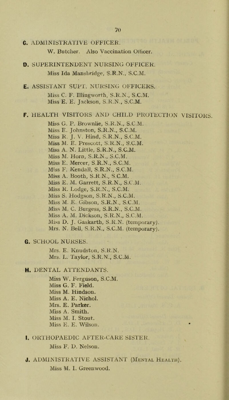 C. ADMINISTRATIVE OFFICER. W. Butcher. Also Vaccination Olficer. D. SUPERINTENDENT NURSING OFFICER. Miss Ida Mansbridge, S.R.N., S.C.M. E. ASSISTANT SUPT. NURSING OFFICERS. Miss C. F. Illingworth. S.R.N., S.C.M. Miss E. E. Jackson, S.R.N., S.C.M. F. HEALTH VISITORS AND CHILD PROTECTION VISITORS. Miss G. P. Brownlie, S.R.N., S.C.M. Miss E. Johnston, S.R.N., S.C.M. Miss R. J. V. Hind, S.R.N., S.C.M. Miss M. E. Prescott, S.R.N., S'.C.M. Miss A. N. Little, S.R.N., S.C.M. Miss M. Horn, S.R.N., S.C.M. Miss E. Mercer, S.R.N., S.C.M. Miss F. Kendall, S.R.N., S.C.M. Miss A. Booth, S.R N., S.C.M. Miss E. M. Garrett, S.R.N., S.C.'.M. Miss R. Lodge, S.R.N., S.C.M. Miss S. Hodgson, S.R.N., S.C.M. Miss M. E. Gibson, S.R.N., S.C.M. Miss M. C. Burgess, S.R.N., S.C.M. Miss A. M. Dickson, S.R.N., S.C.M. Miss D. J. Gaskarth, S.R.N. (temporary). Mrs. N. Bell, S.R.N., S.C.M. (temporary). G. SCHOOL NURSES. Mrs. E. Knudston, S.R.N. Mrs. L. Taylor, S.R.N., S.C.M. H. DENTAL ATTENDANTS. Miss W. Ferguson, S.C.M. Miss G. F. Field. Miss M. Hindsou. Miss A. E. Nichol. Mrs. E. Parker. Miss A. Smith. Miss M. I. Stout. Miss E. E. Wilson. I. ORTHOPAEDIC AFTER-CARE SISTER. Miss F. D. Nelson. J. ADMINISTRATIVE ASSISTANT (Mental Health). Miss M. I. Greenwood.