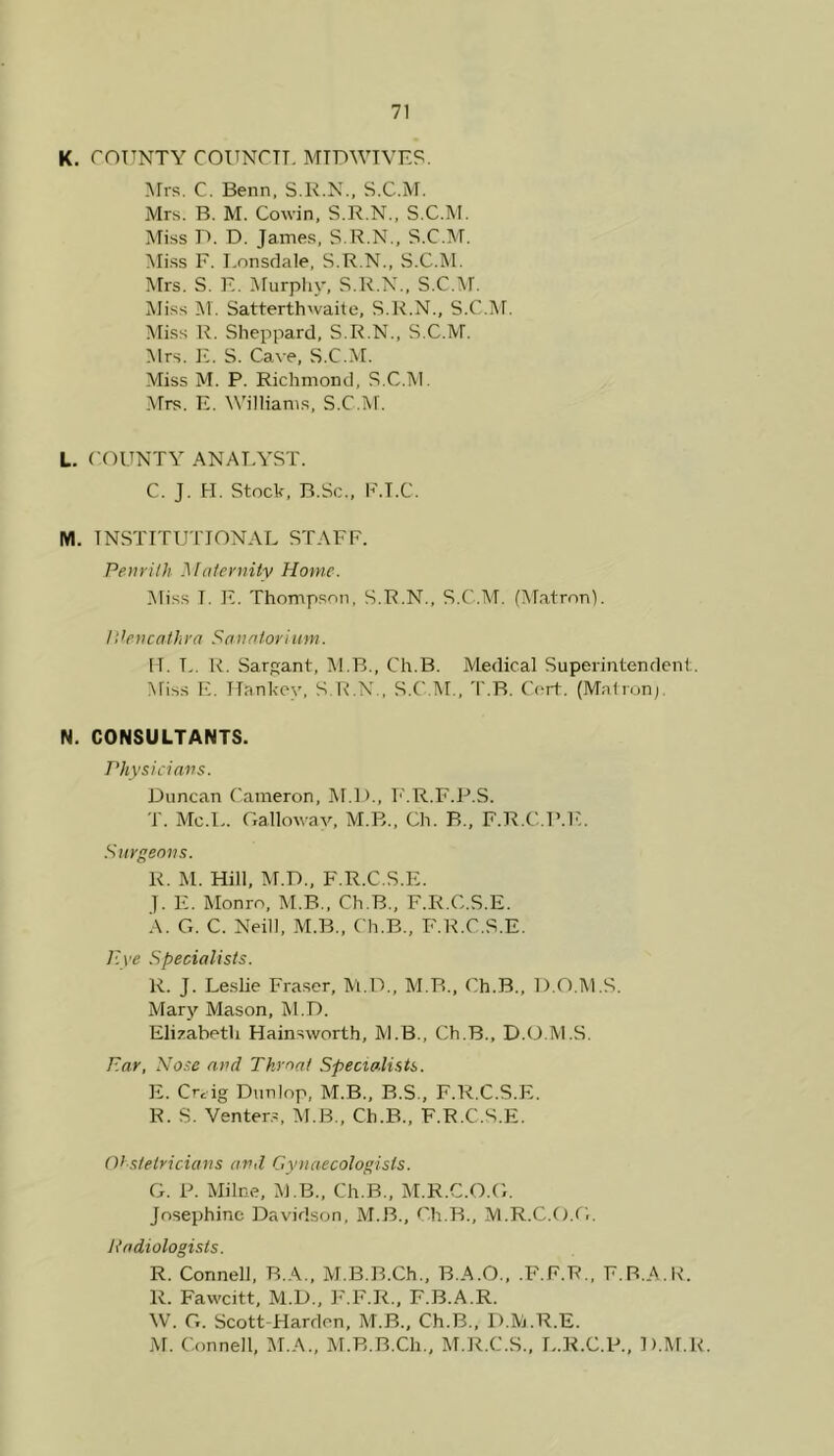 K. COUNTY COUNCIL MIDWIVES. Mrs. C. Benn, S.R.N., S.C.M. Mrs. B. M. Cowin, S.R.N., S.C.M. Miss D. D. James, S.R.N., S.C.M. Miss F. Lonsdale, S.R.N., S.C.M. Mrs. S. E. Murphy, S.R.N., S.C.M. Miss M. Satterth'vaite, S.R.N., S.C.M. Miss R. Sheppard, S.R.N., S.C.M. Mrs. E. S. Cave, S.C.M. Miss M. P. Richmond, S.C.M. Mrs. E. Williams, S.C.M. L. COUNTY ANALYST. C. J. H. Stock, B.Sc., F.I.C. M. INSTITUTIONAL STAFF. Penrith Maternity Home. Miss I. E. Thompson, S.R.N., S.C.M. (Matron). I'! ten cathr aSanatorium. H. L. R. Sargant, M.B., Ch.B. Medical Superintendent. Miss E. Han key, S.R.N., S.C.M., T.B. Cort. (Matron;. N. CONSULTANTS. Physicians. Duncan Cameron, M.D., F.R.F.P.S. T. Me.I.. Galloway, M.B., Ch. B., F.R.C.P.E. Surgeons. R. M. Hill, M.D., F.R.C.S.E. J. E. Monro, M.B., Ch.B., F.R.C.S.E. A. G. C. Neill, M.B., Ch.B., F.R.C.S.E. Eye Specialists. R. J. Leslie Fraser, M.D., M.B., Ch.B., D.O.M.S. Mary Mason, M.D. Elizabeth Hainsworth, M.B., Ch.B., D.O.M.S. Ear, Nose and Throat Specialists. E. Cr.ig Dunlop, M.B., B.S., F.R.C.S.E. R. S. Venters, M.B., Ch.B., F.R.C.S.E. Obstetricians and Gynaecologists. G. P. Milne, M.B., Ch.B., M.R.C.O.G. Josephine Davidson, M.B., Ch.B., M.R.C.O.G. Radiologists. R. Connell, B.A., M.B.B.Ch., B.A.O., .F.F.R., F.R.A.R. R. Favvcitt, M.D., F.F.R., F.B.A.R. W. G. Scott-Harden, M.B., Ch.B., D.M.R.E. M. Connell, M.A., M.B.B.Ch., M.R.C.S., L.R.C.P., D.M.R.