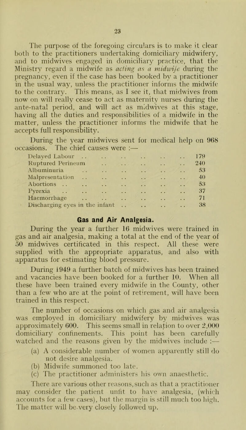 J'he purj)()se of the foregoing circulars is to make it clear both to the practitioners undertaking domiciliary midwifer3^ and to midwives engaged in domiciliary practice, that the Ministry regard a midwife as acUng «s- a midimje during the pregnancy, even if the case has been booked by a practitioner in the usual way, unless the practitioner informs the midwife to the contrary. This means, as 1 see it, that midwives from now on will really cease to act as maternity nurses during the ante-natal period, and will act as midwives at this stage, having all the duties and responsibilities of a midwife in the matter, unless the practitioner informs the midwife that he accepts full responsibility. During the year midwives sent foi medical help on h()8 occasions. The chief causes were :— ])clayed Labour . . . . . . . . . . . . 179 Ruptured Perinevim . . . . . . . . . . 240 Albuminuria . . . . . . . . . . . . 53 Malpresentation . . . . . . . . . . . . 40 Abortions . . . . . . . . . . . . . . 53 Pyrexia . . .. . . .. . . .. .. 37 Haemorrhage .. .. .. .. .. .. 71 Discharging eyes in the infant . . .. . . . . 33 Gas and Air Analgesia. During the year a further 16 midwives were trained in gas and air analgesia, making a total at the end of the year of 50 midwives certificated in this respect. All these were supplied with the appropriate apparatus, and also with apparatus for estimating blood pressure. During 1949 a further batch of midwives has been trained and vacancies have been booked for a further 10. When all these have been trained every midwife in the County, other than a few who are at the point of retirement, will have been trained in this respect. The number of occasions on which gas and air analgesia was employed in domiciliary midwiferj^ by midwives was approximately 600. This seems small in relation to over 2,000 domiciliary conhnements. This point has been carefully watched and the reasons given by the midwives include :— (a) A considerable number of women a])])arenl!y still do not desire analgesia. (b) Midwife summoned too late. (c) The practitioner administers Ins own anaeslhetic. There are various otlier reasons,such as that a practitioner may consider the ])aticnt unfit to have analgesia, (which accounts for a few cases), but the margin is sf ill much too high. The matter will be very closely followed up.
