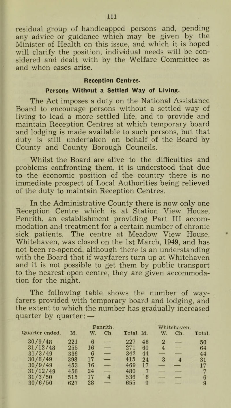 residual group of handicapped persons and, pending any advice or guidance which may be given by the Minister of Health on this issue, and which it is hoped will clarify the position, individual needs will be con- sidered and dealt with by the Welfare Committee as and when cases arise. Reception Centres. Persons Without a Settled Way of Living. The Act imposes a duty on the National Assistance Board to encourage persons without a settled way of living to lead a more settled life, and to provide and maintain Reception Centres at which temporary board and lodging is made available to such persons, but that duty is still undertaken on behalf of the Board by County and County Borough Councils. Whilst the Board are alive to the difficulties and problems confronting them, it is understood that due to the economic position of the country there is no immediate prospect of Local Authorities being relieved of the duty to maintain Reception Centres. In the Administrative County there is now only one Reception Centre which is at Station View House, Penrith, an establishment providing Part III accom- modation and treatment for a certain number of chronic sick patients. The centre at Meadow View House, Whitehaven, was closed on the 1st March, 1949, and has not been re-opened, although there is an understanding with the Board that if wayfarers turn up at Whitehaven and it is not possible to get them by public transport to the nearest open centre, they are given accommoda- tion for the night. The following table shows the number of way- farers provided with temporary board and lodging, and the extent to which the number has gradually increased quarter by quarter: — Penrith. Whitehaven. Quarter ended. M. W. Ch. Total. M. w. Ch. Total 30/9/48 221 6 — 227 48 2 — 50 31/12/48 255 16 — 271 60 4 — 64 31/3/49 336 6 — 342 44 — — 44 30/6/49 398 17 — 415 24 3 4 31 30/9/49 453 16 — 469 17 — — 17 31/12/49 456 24 — 480 7 — — 7 31/3/50 515 17 4 536 6 — — 6 30/6/50 627 28 — 655 9 — — 9